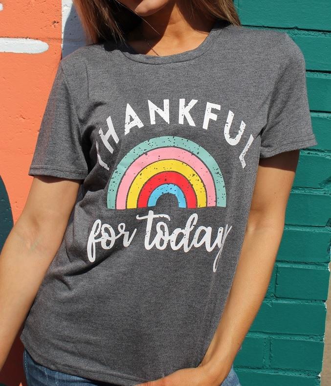 A soft cotton-polyester blend tee with 'Thankful For Today' printed on it, showcasing a comfortable fit and casual style.