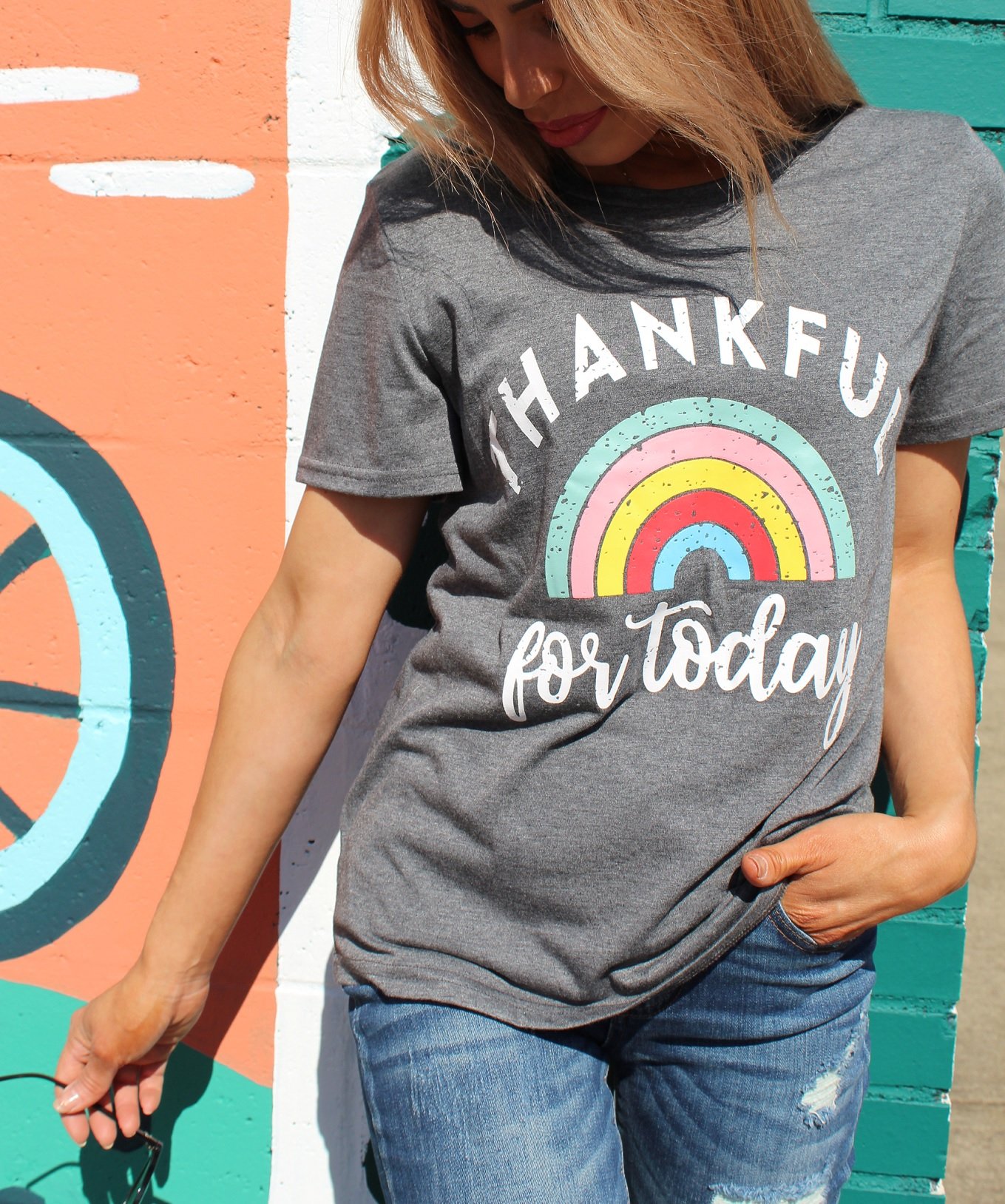 A soft cotton-polyester blend tee with 'Thankful For Today' printed on it, showcasing a comfortable fit and casual style.