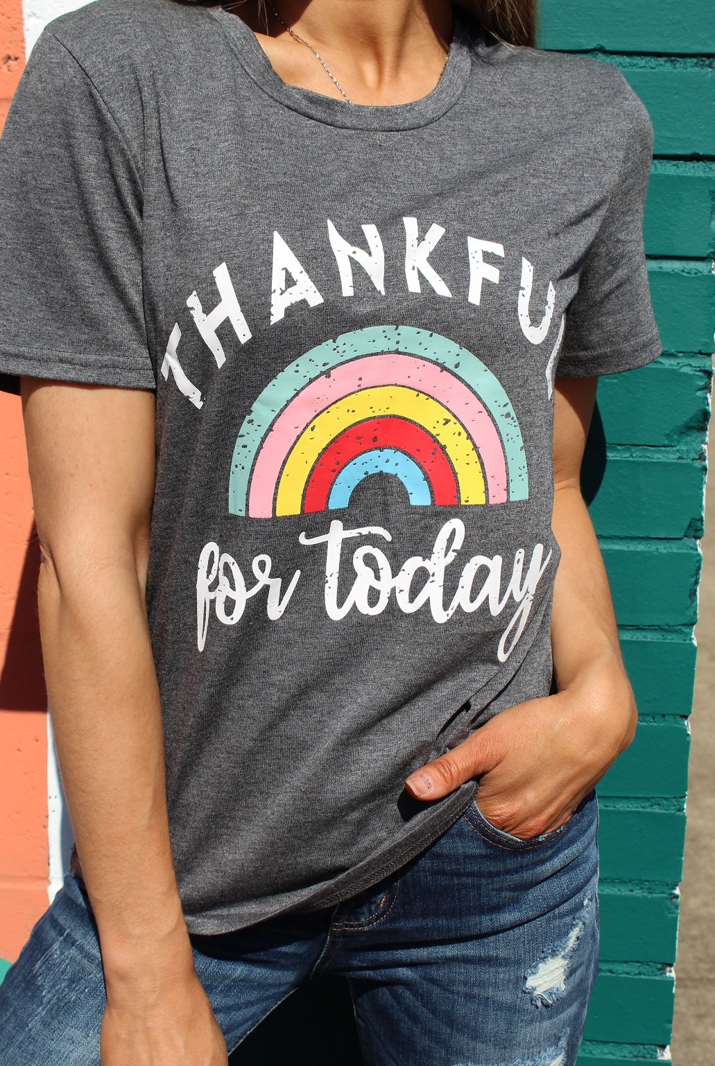 A soft cotton-polyester blend tee with 'Thankful For Today' printed on it, showcasing a comfortable fit and casual style.