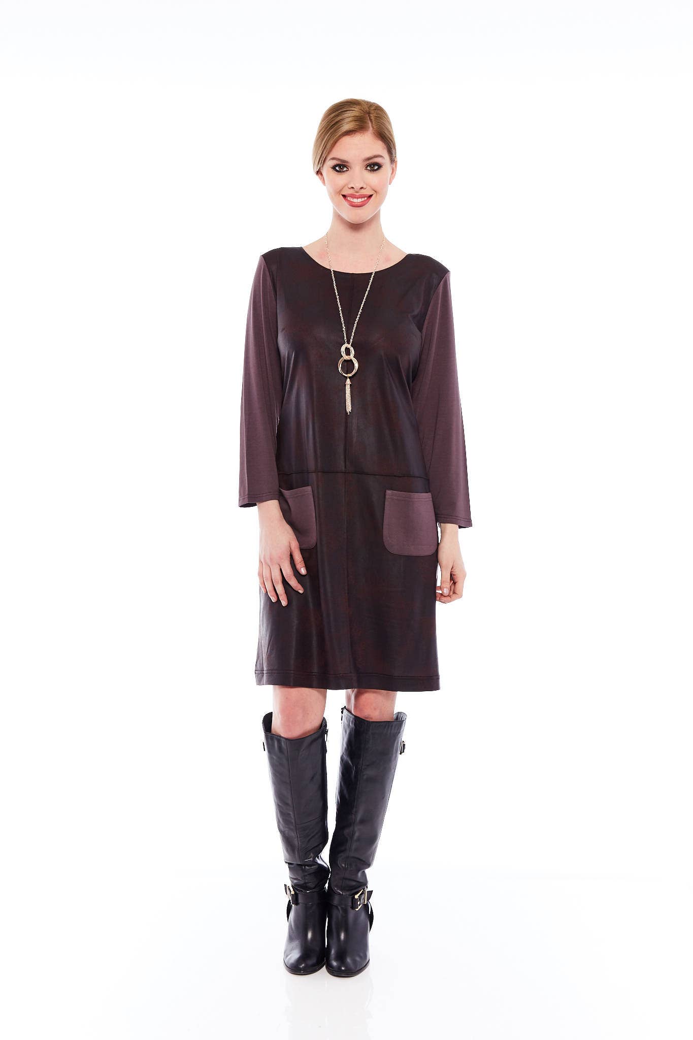 A stylish loose-fit shift dress in nut brown, featuring full sleeves and a flattering pocket, perfect for spring outings.