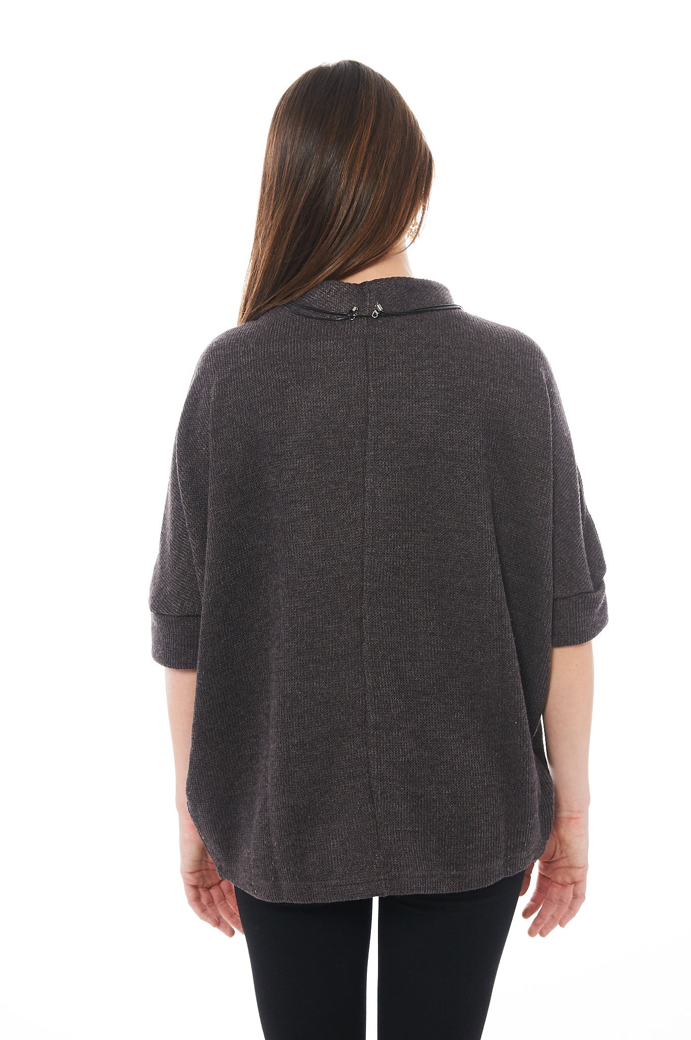 A stylish dark brown baggy knitted top with 3/4 sleeves, showcasing a soft fabric blend perfect for spring.