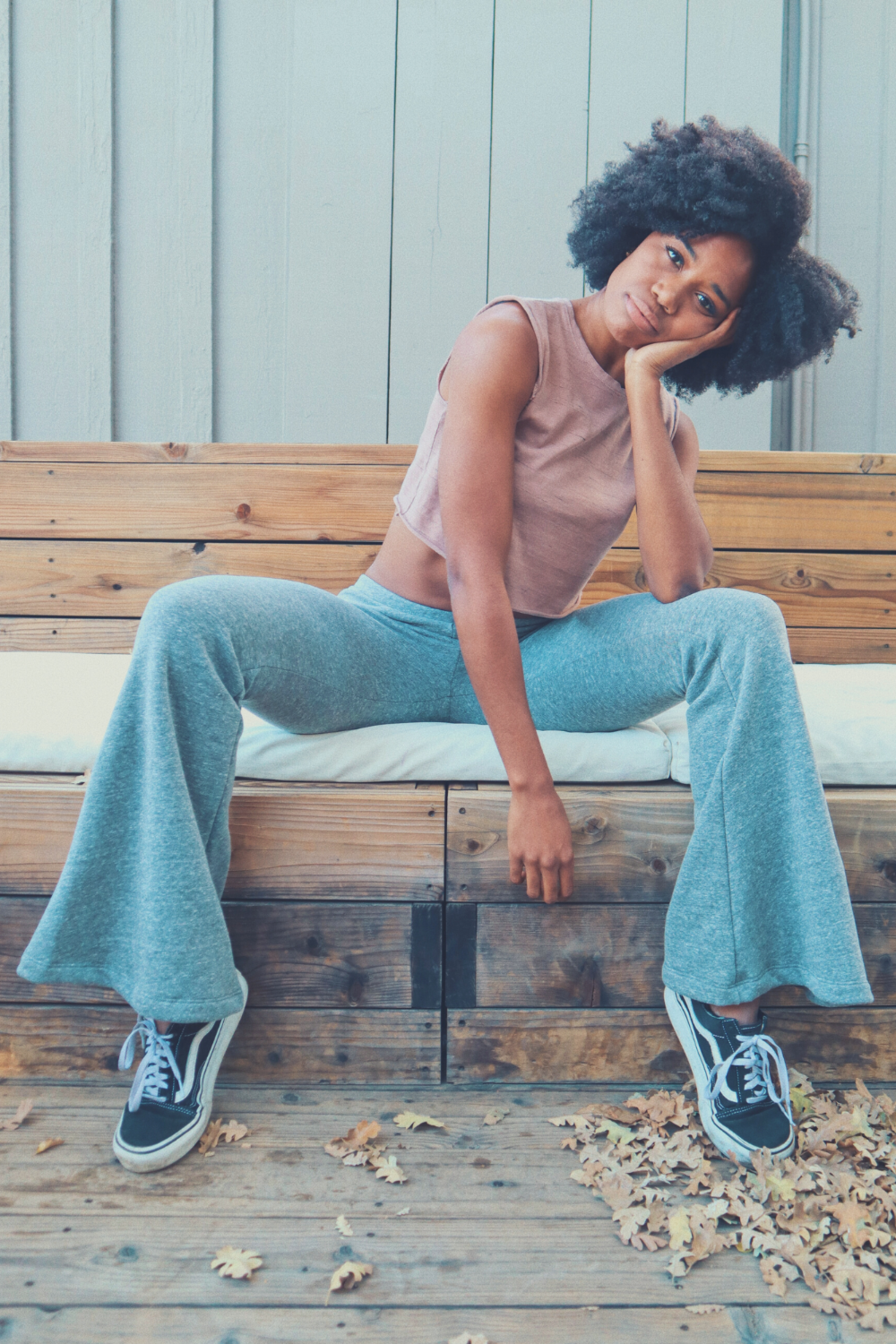 The Bell pants in navy and heather gray, featuring a perfect flare and elastic waist, displayed on a model.