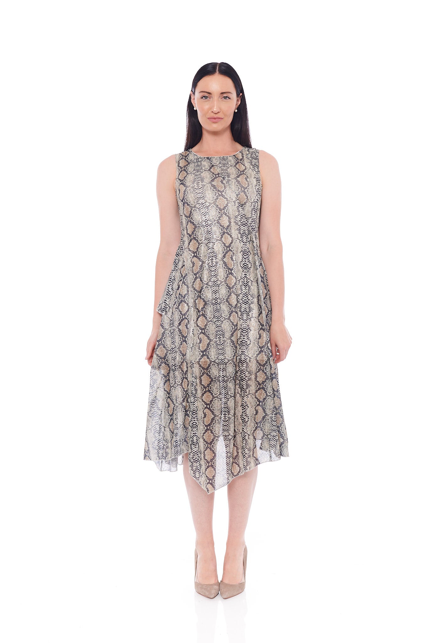 The Brown Snake Dress featuring a cozy oversized fit, chunky print, and sleeveless design, perfect for casual outings.