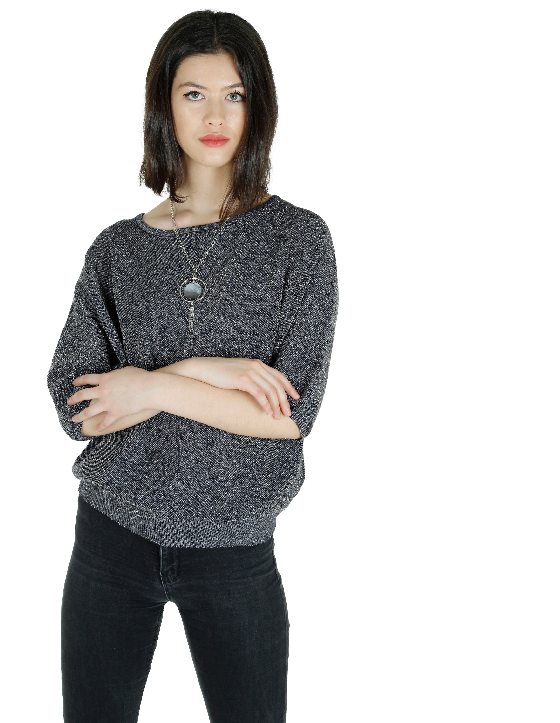 A stylish grey top with loose sleeves and a soft fabric, perfect for casual and layered outfits.