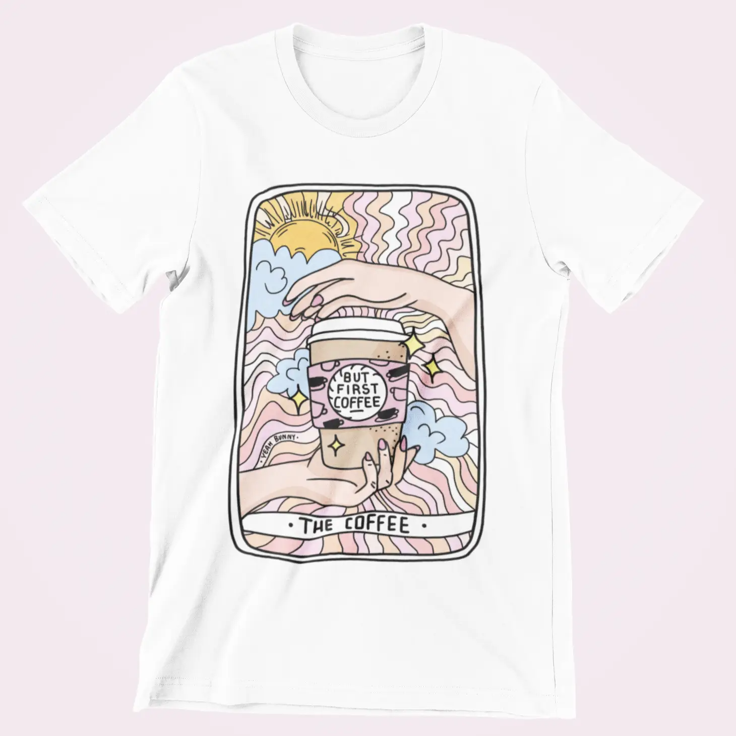 A stylish unisex Coffee Tarot Tee featuring a unique design that combines coffee and tarot elements, printed in vibrant colors.