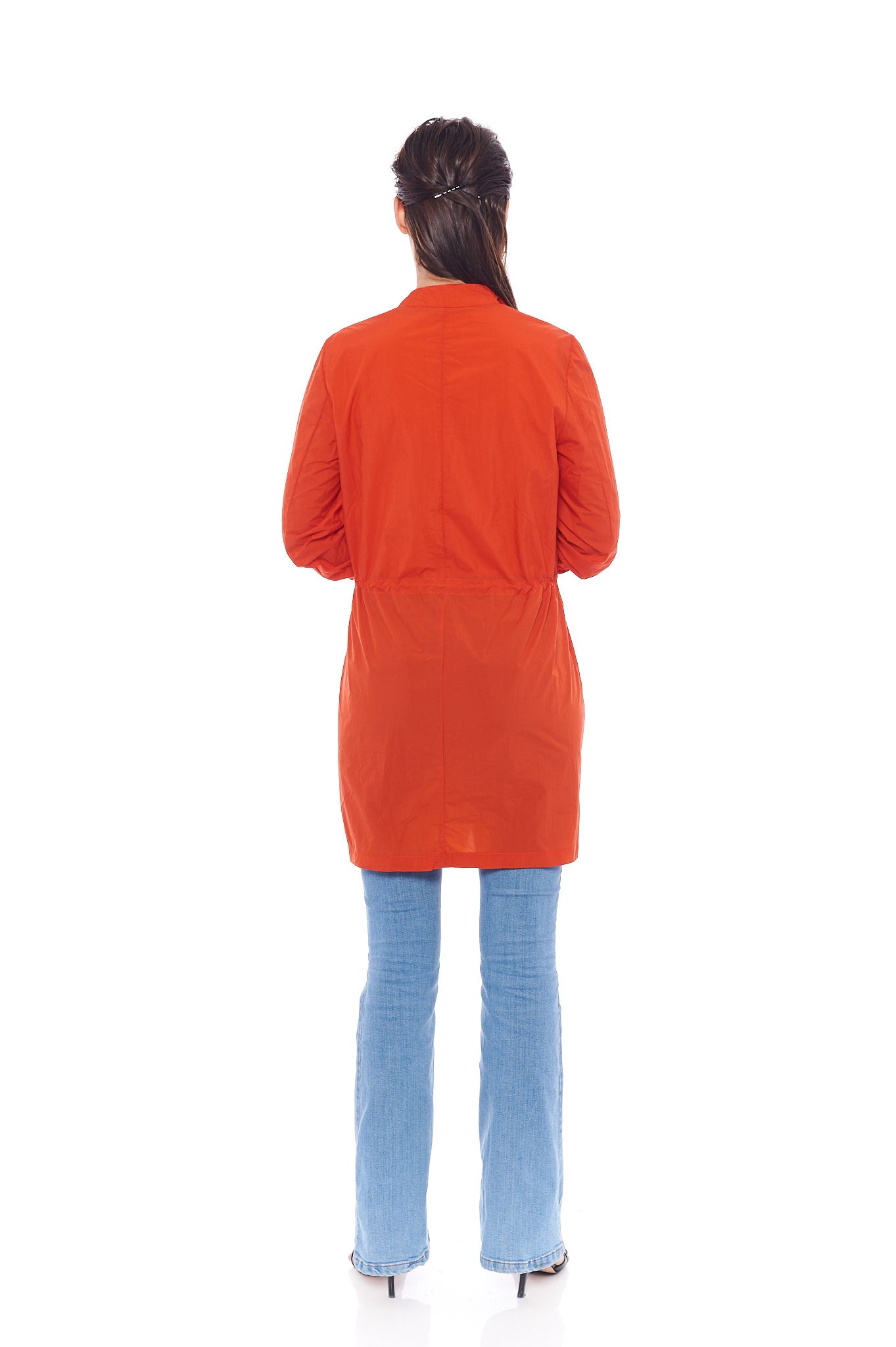 The Coral Turndown Jacket in Tangy Orange featuring stylish long sleeves and button details, perfect for summer wear.