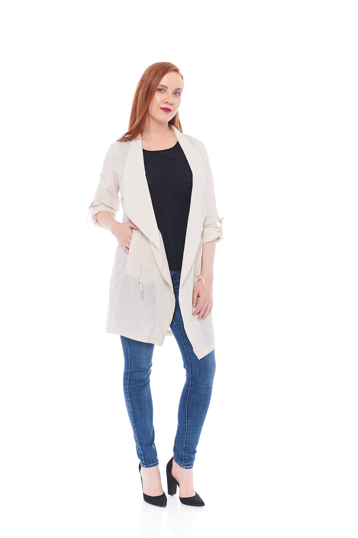 The Dreamy Days Long Sleeve Jacket in Beige featuring adjustable sleeves and a turndown collar, perfect for stylish layering.