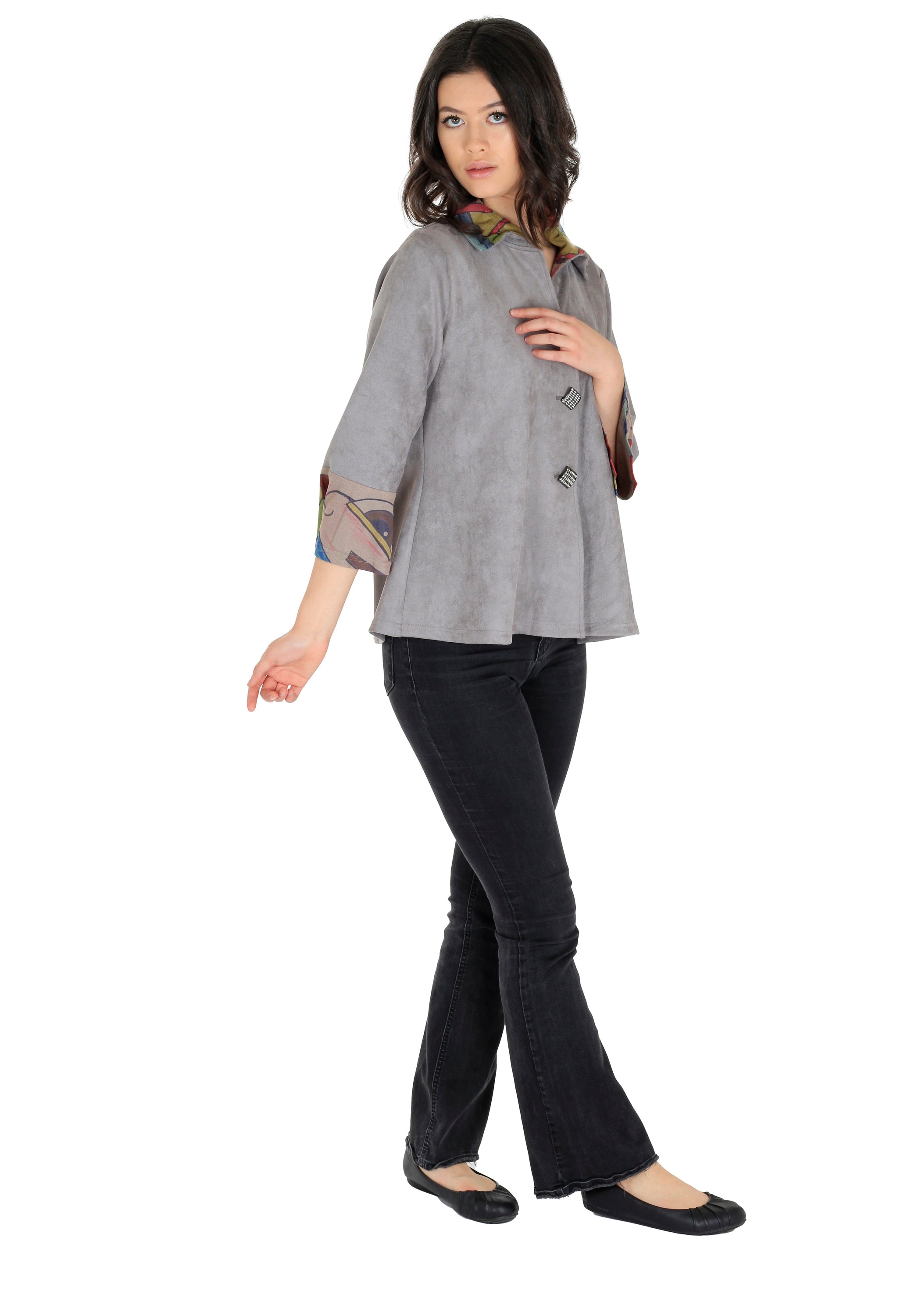 Fashion Grey Jacket designed for sunny days, featuring 3/4 sleeves and button detail on the back.