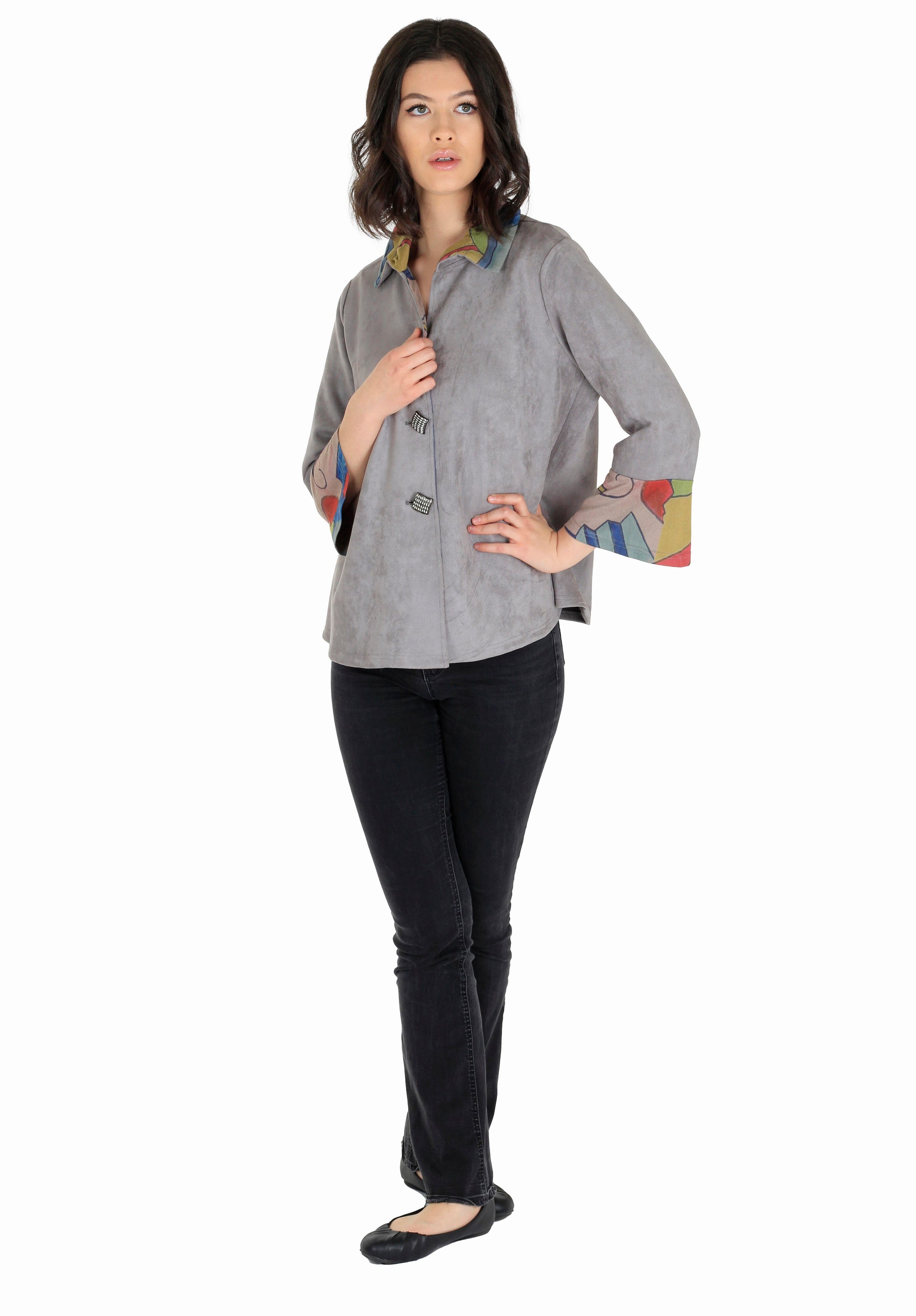 Fashion Grey Jacket designed for sunny days, featuring 3/4 sleeves and button detail on the back.