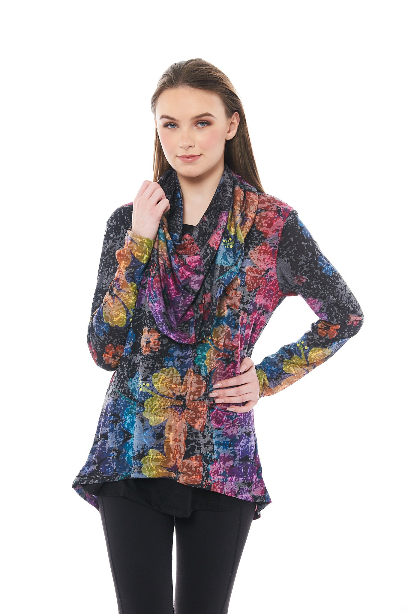 Floral Printed Top in Multi Colours featuring a scarf design and long sleeves, perfect for casual wear.