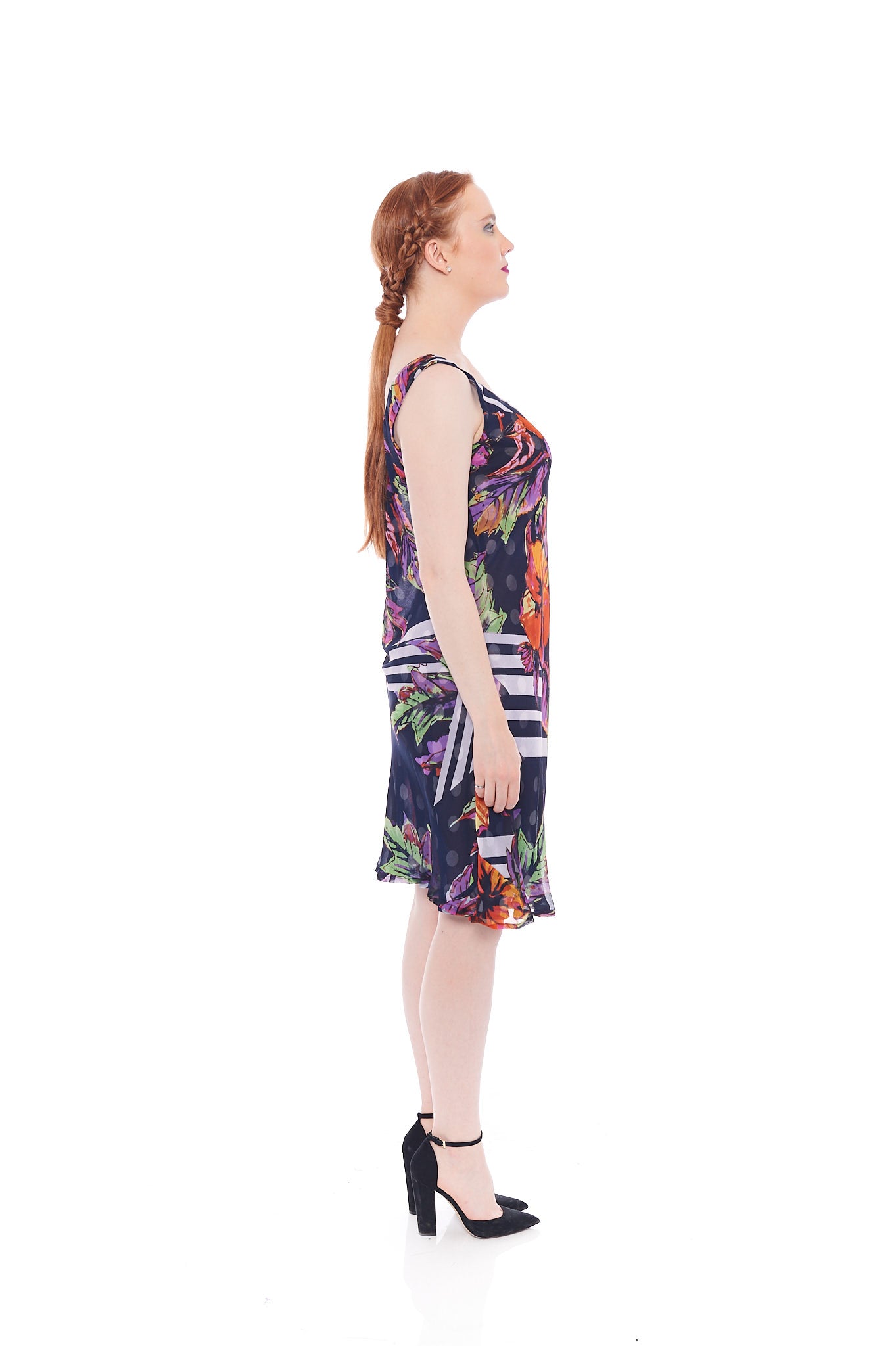 Floral Reversible Dress in Blues featuring a cowl neckline and matching scarf, showcasing versatility and elegance.