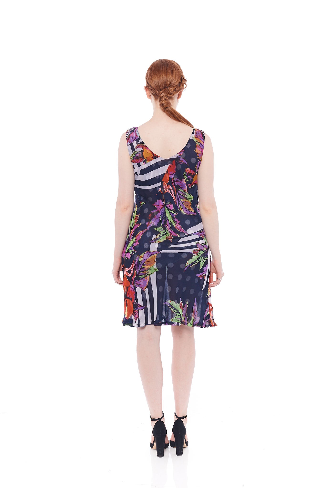 Floral Reversible Dress in Blues featuring a cowl neckline and matching scarf, showcasing versatility and elegance.