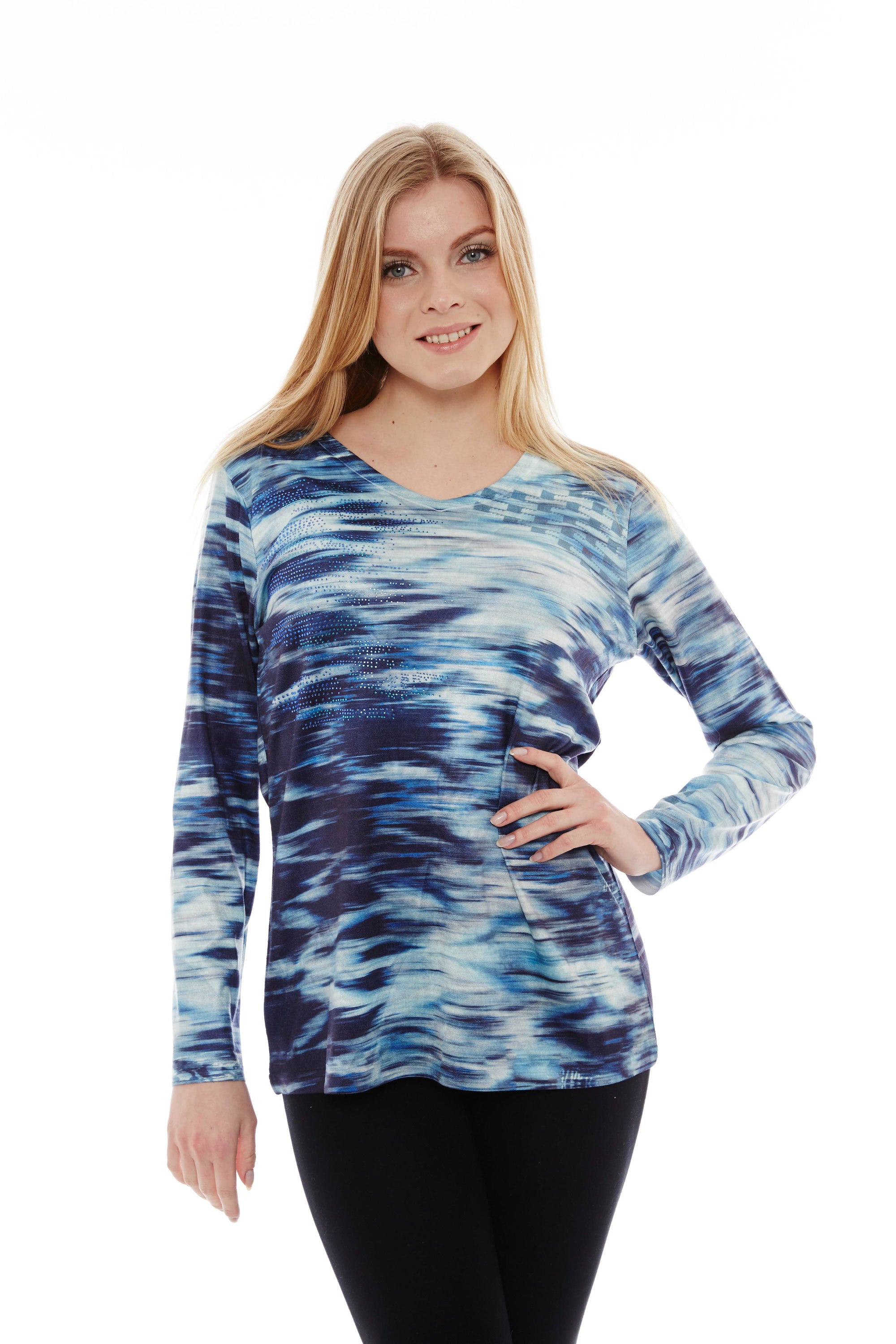 The Fresh Start Monday Top in Heavenly Blues featuring long sleeves and a stylish back detail, made from soft sustainable fabric.