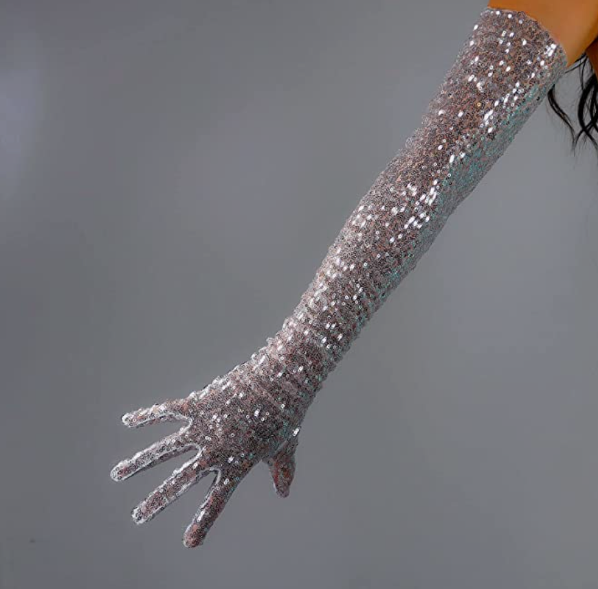 A pair of elegant silver sequin gloves made from breathable lace mesh, showcasing a delicate sequin design and super long length.