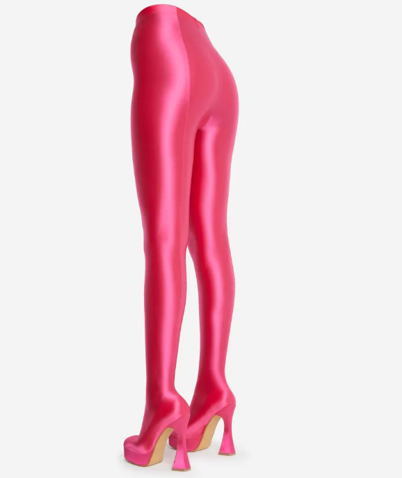 The Giselle Boot in pink lycra with a platform sole and flared block heel, showcasing its stylish long legging design.