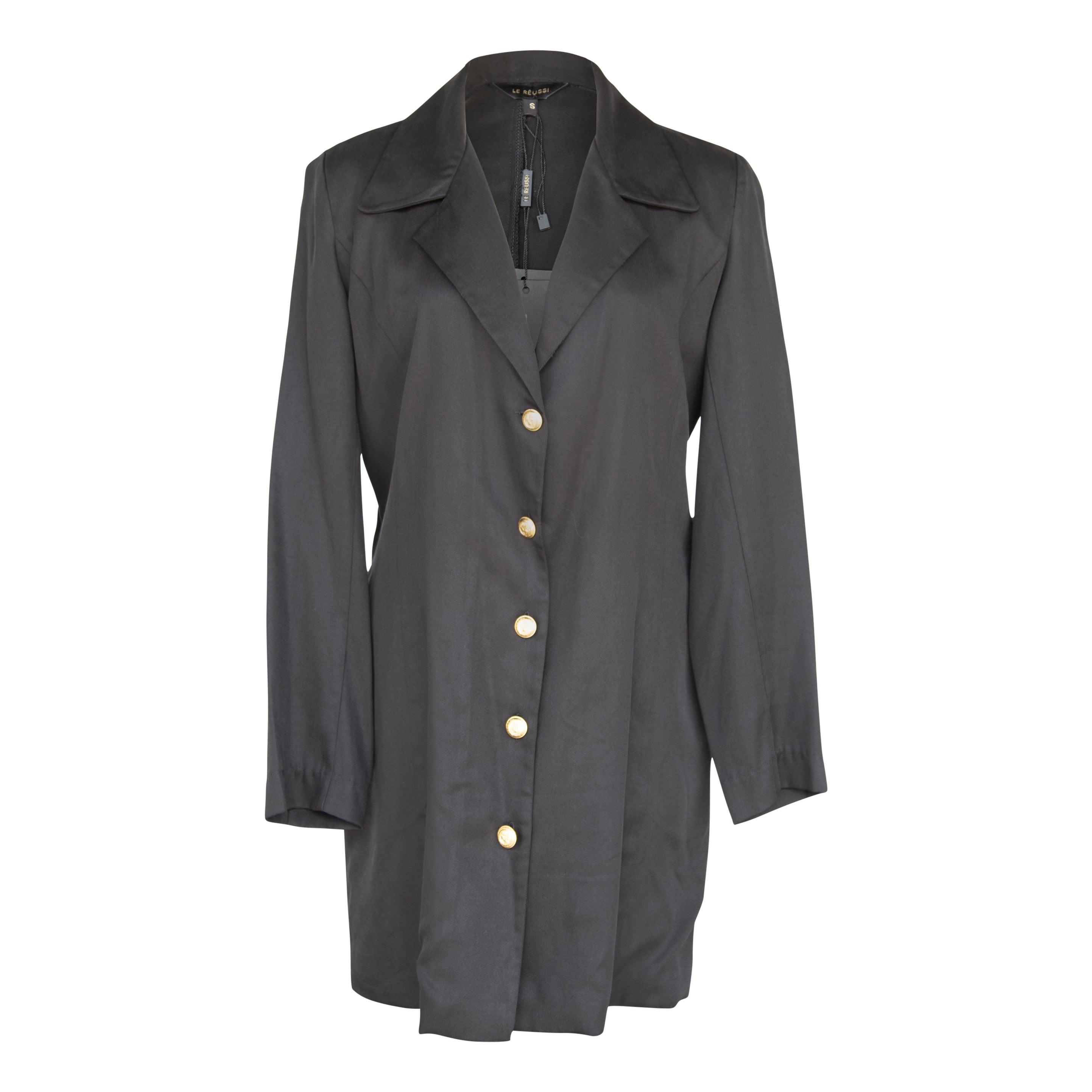 The Grace Long Blazer Dress in Black, showcasing its elegant design and 34-inch length, made from 100% linen.