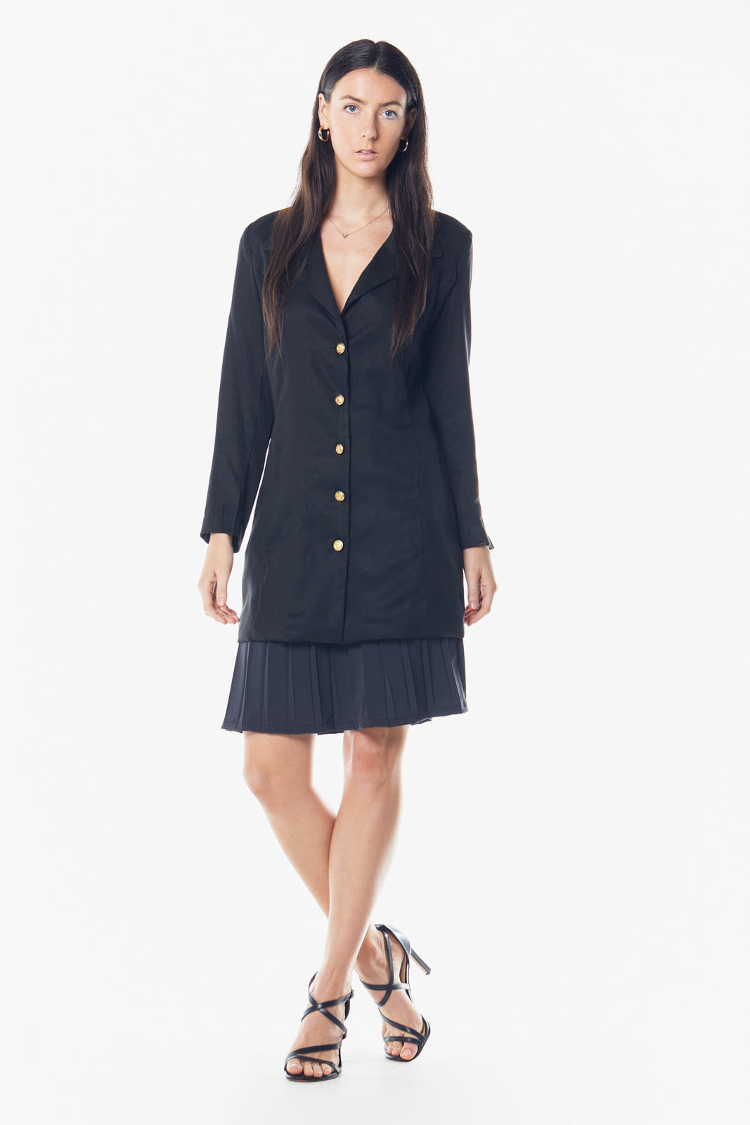 The Grace Long Blazer Dress in Black, showcasing its elegant design and 34-inch length, made from 100% linen.