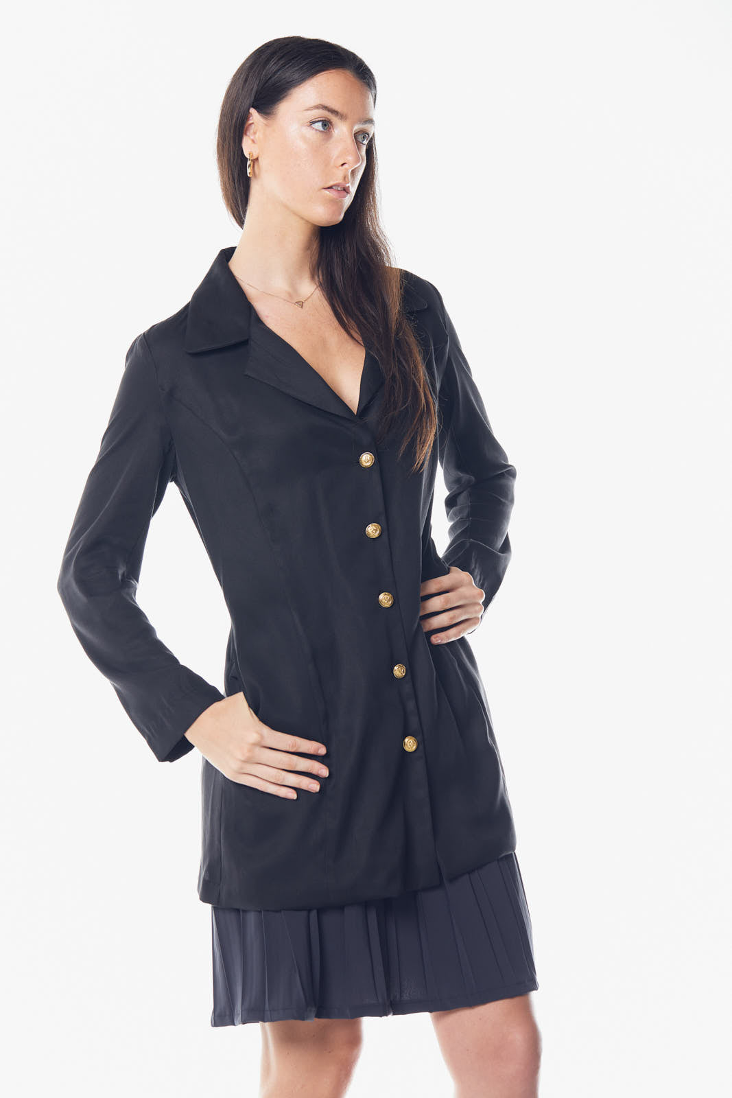 The Grace Long Blazer Dress in Black, showcasing its elegant design and 34-inch length, made from 100% linen.