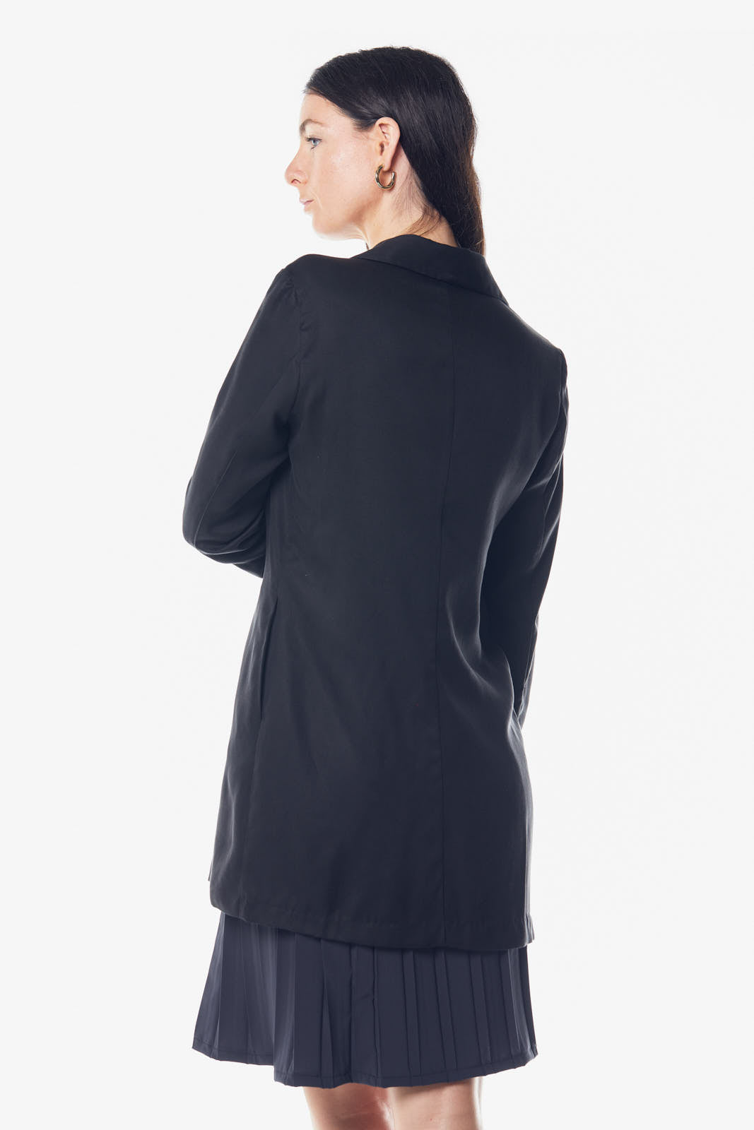 The Grace Long Blazer Dress in Black, showcasing its elegant design and 34-inch length, made from 100% linen.