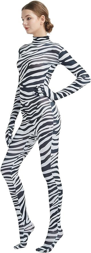 The Joa Zebra Bodysuit featuring a striking zebra print design, complete with gloves, showcasing its stretchy and comfortable fit.