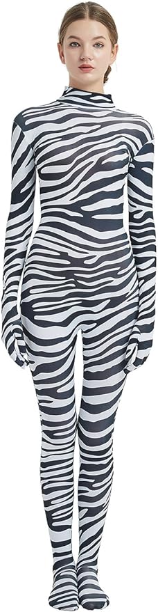 The Joa Zebra Bodysuit featuring a striking zebra print design, complete with gloves, showcasing its stretchy and comfortable fit.