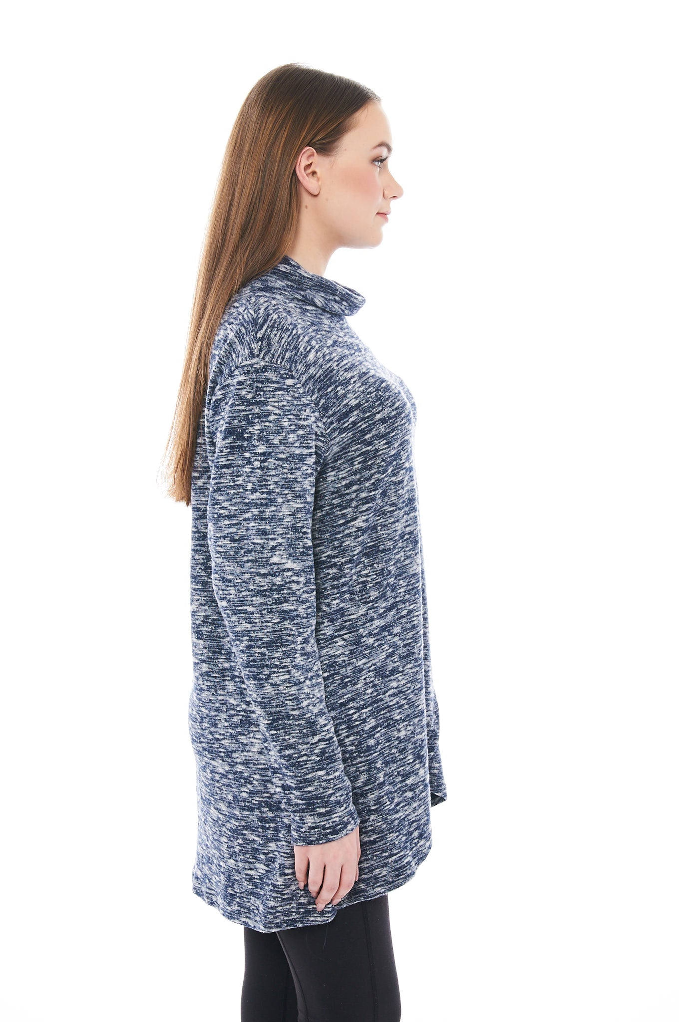 A stylish blue tunic featuring a crew neck and button detail, flared bottom, perfect for casual outings.