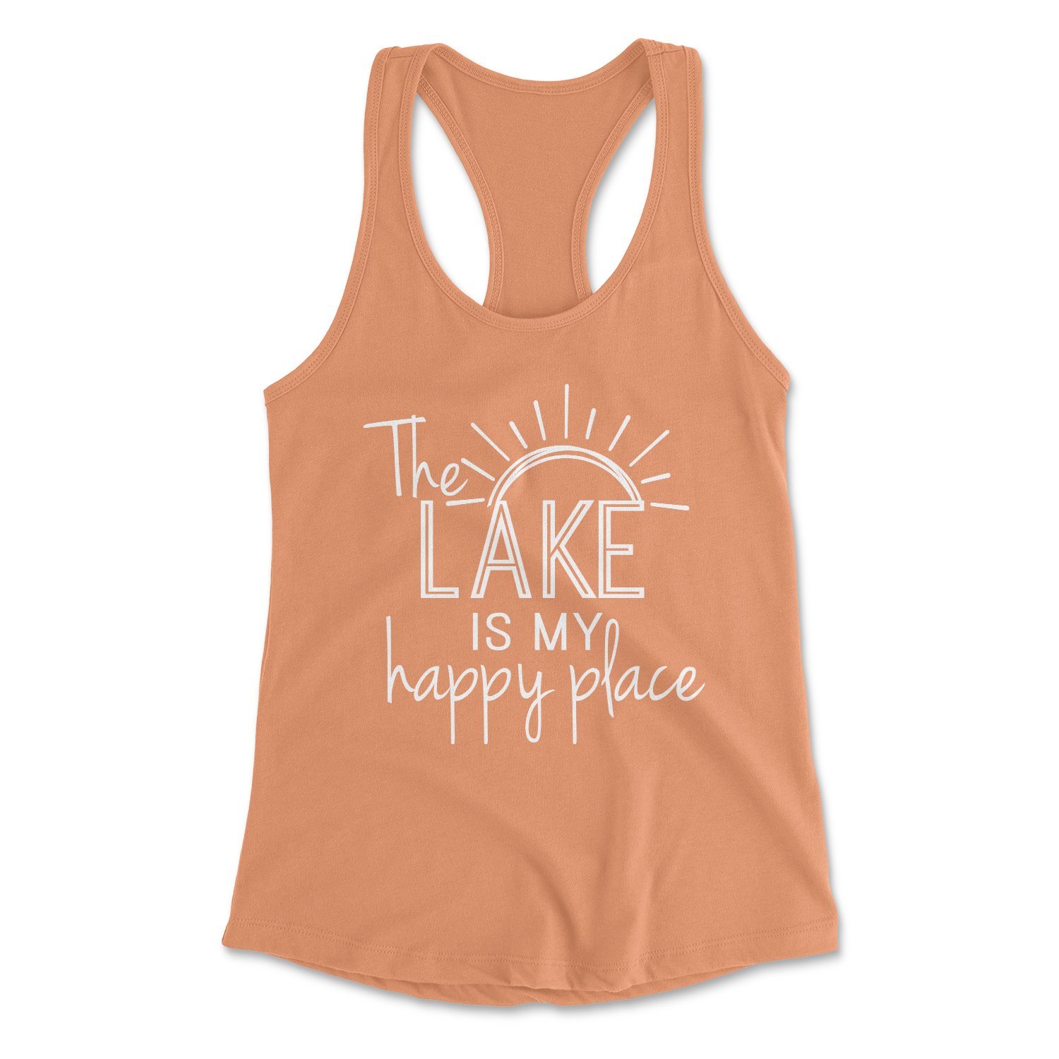 A stylish unisex tank top featuring the phrase 'The Lake Is My Happy Place', perfect for outdoor enthusiasts.