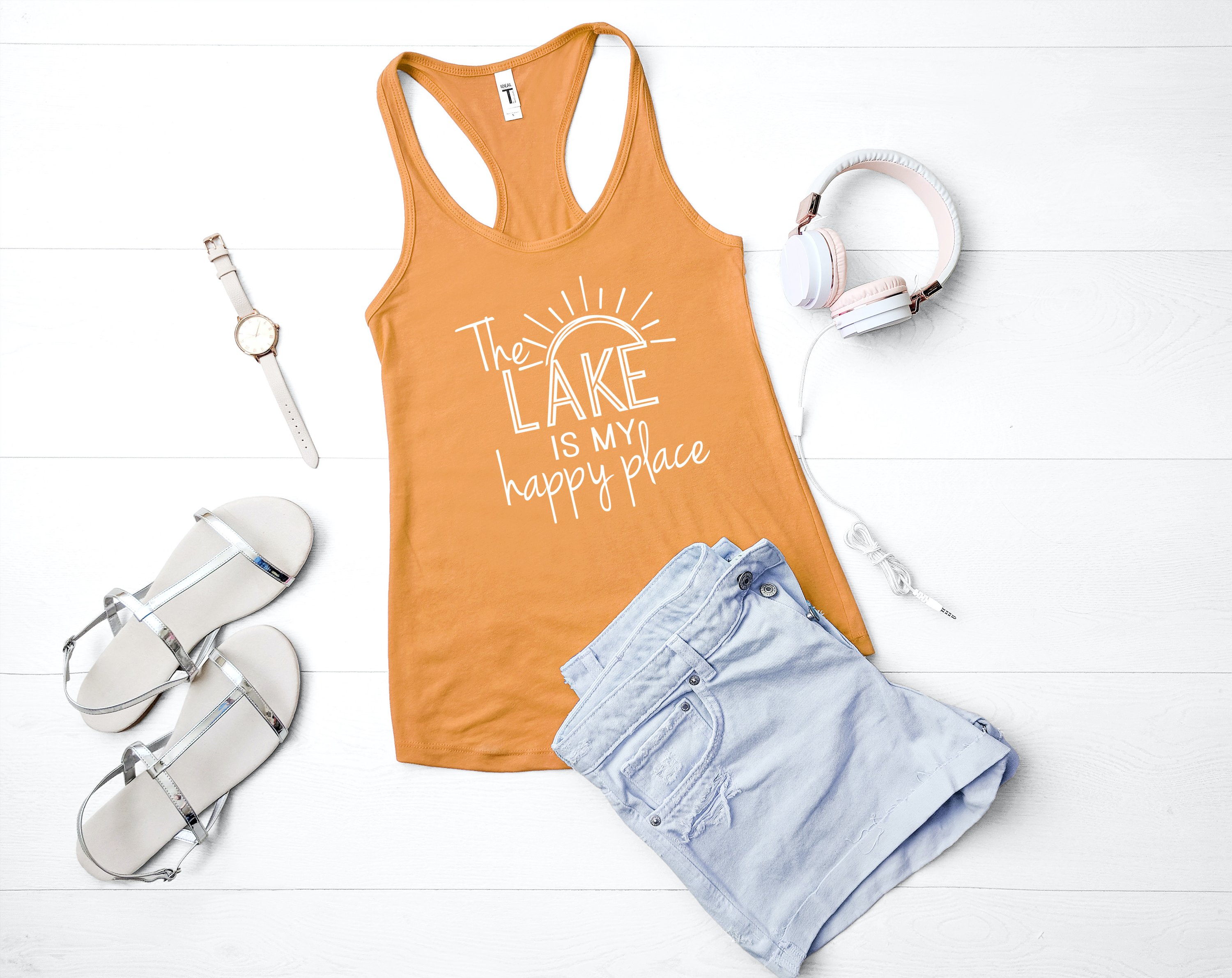 A stylish unisex tank top featuring the phrase 'The Lake Is My Happy Place', perfect for outdoor enthusiasts.