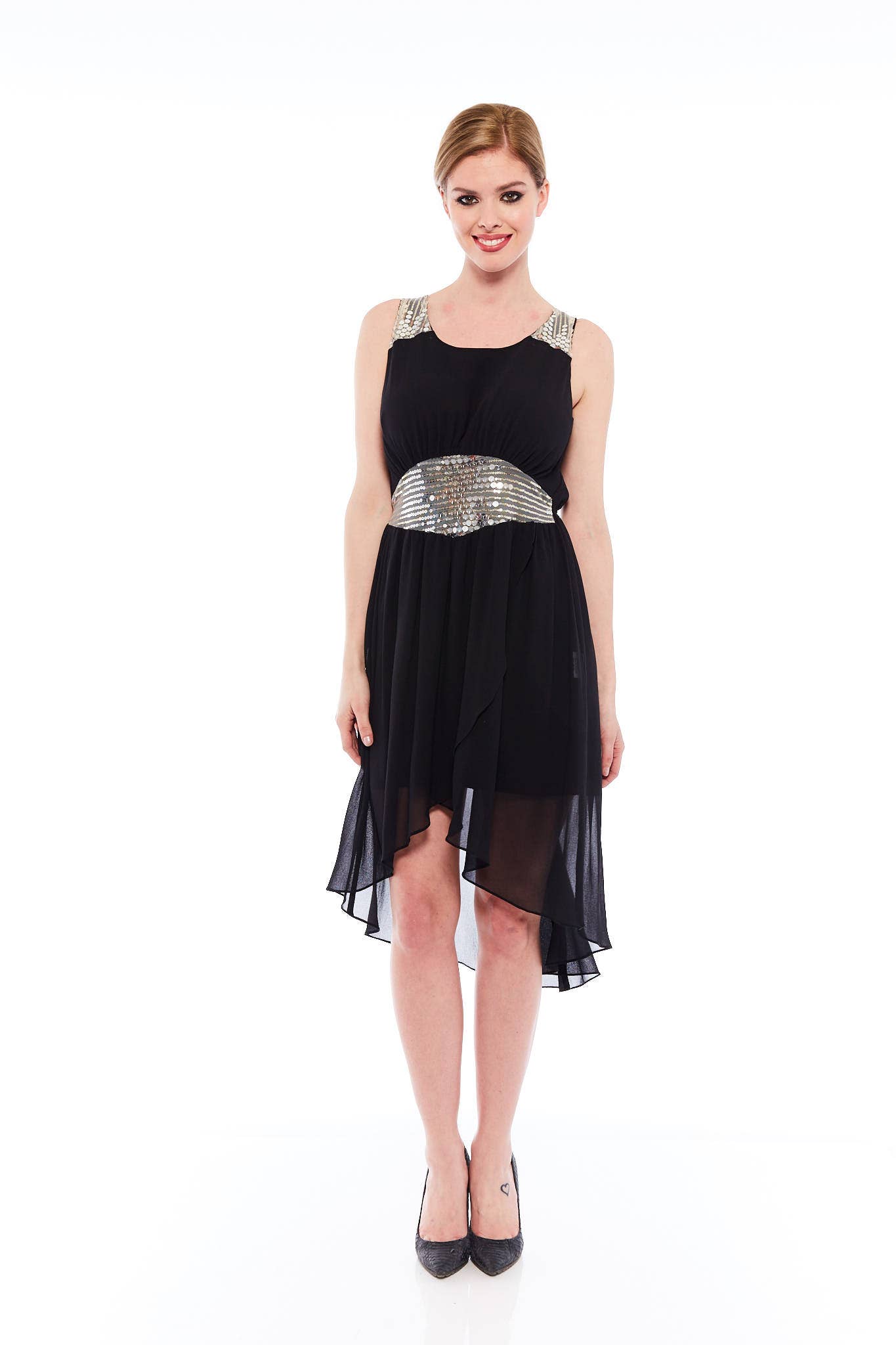 The Patchy Smash Cocktail Dress in Black featuring elegant black sequin patchwork and a stylish round neck design.