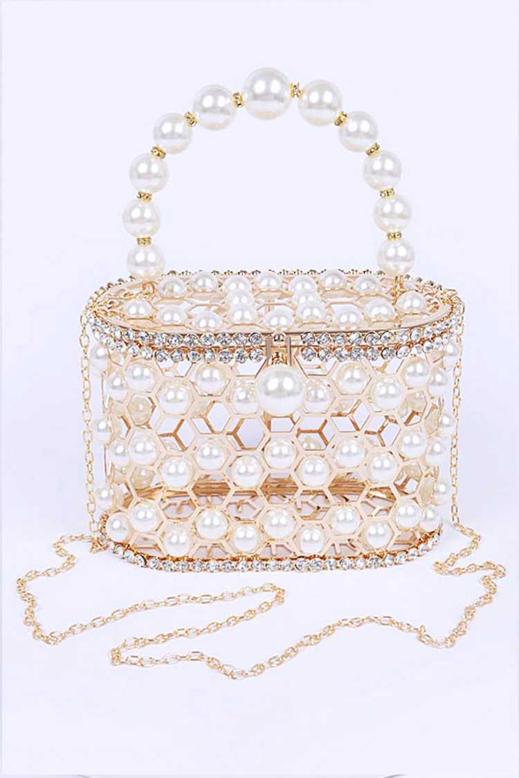 The Pearli Vibe Bag featuring rhinestones and faux pearls, with a stylish shoulder chain.