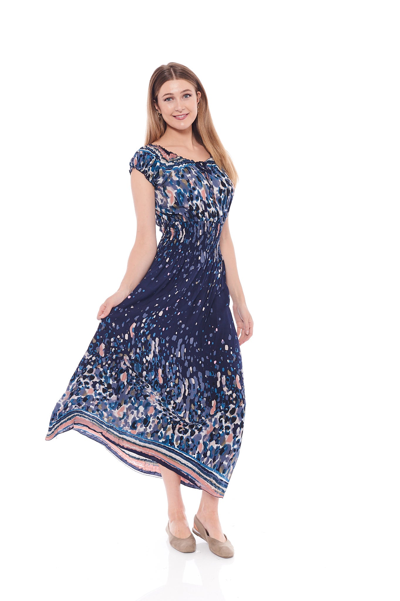 A beautiful Pleated Maxi Dress in Indigo Prints, featuring a flattering front slit and half sleeves, perfect for spring occasions.