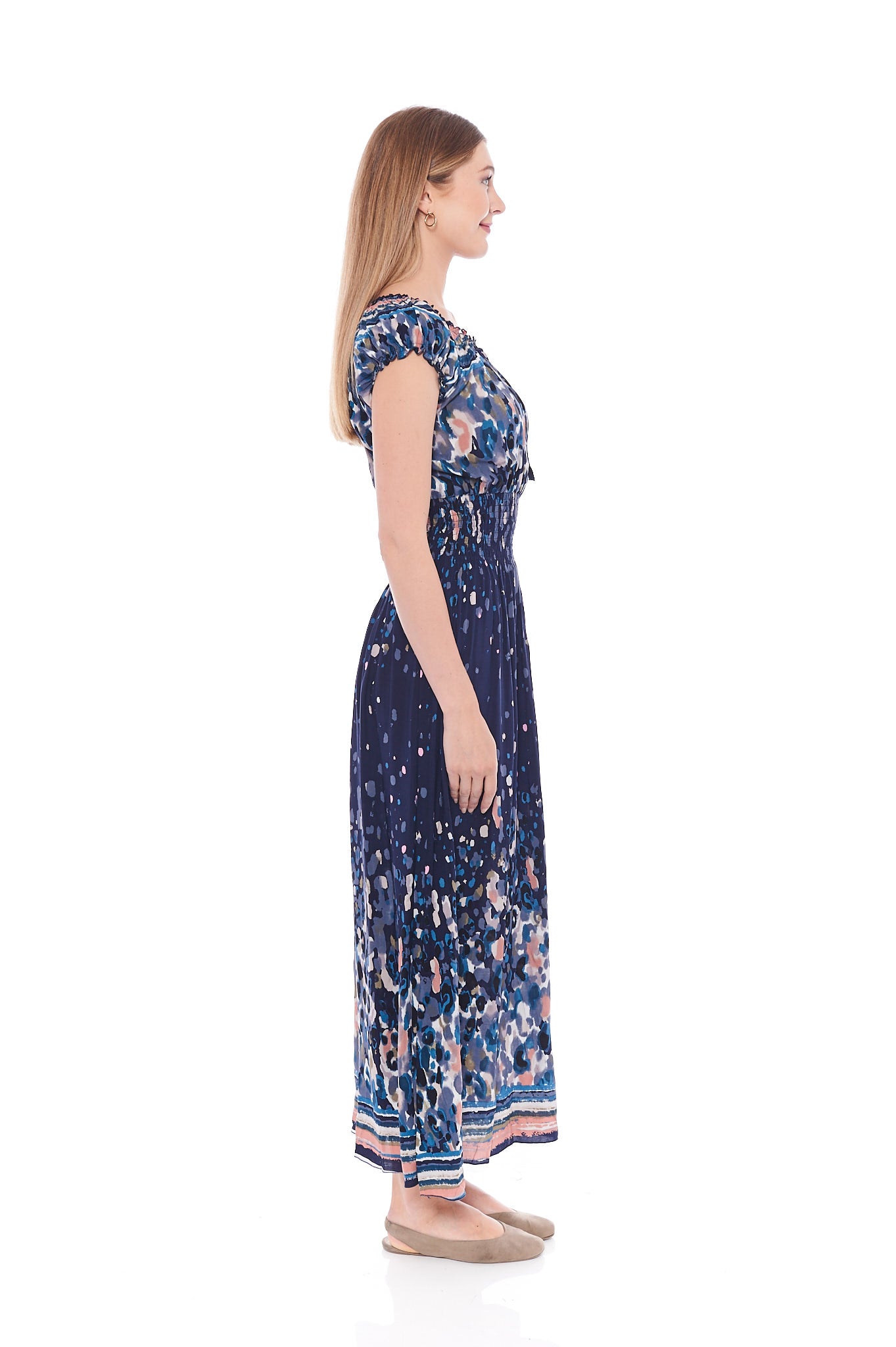 A beautiful Pleated Maxi Dress in Indigo Prints, featuring a flattering front slit and half sleeves, perfect for spring occasions.