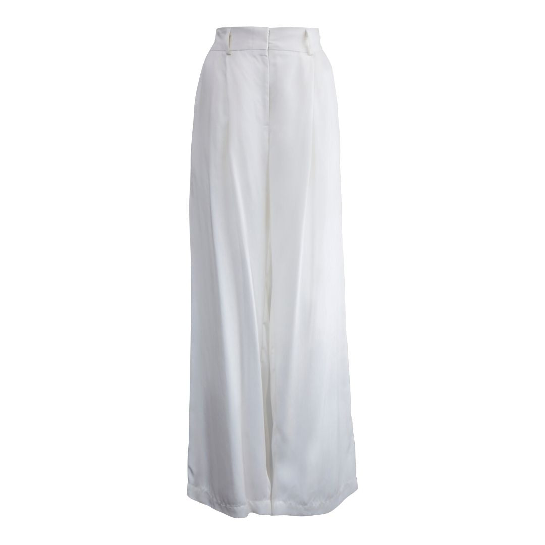 The Remi White Wide-Leg Pants showcasing luxurious twill silk fabric and fluid silhouette.