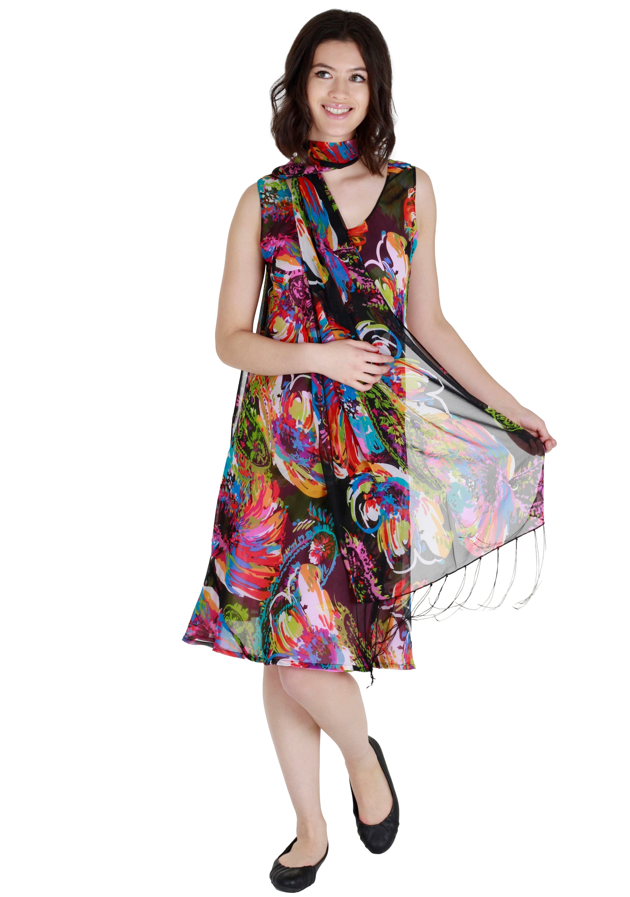 A reversible stylish dress featuring a cowl neckline and a matching scarf, showcasing versatility and elegance.