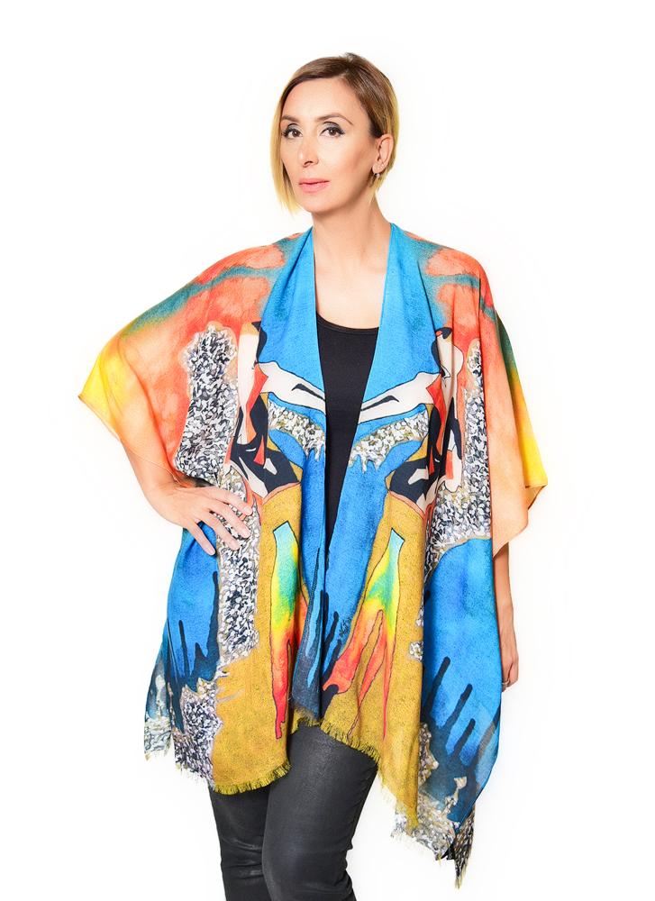 The Scream Kimono featuring a unique fire and water design, made from soft 100% Modal fabric, suitable for various styling options.