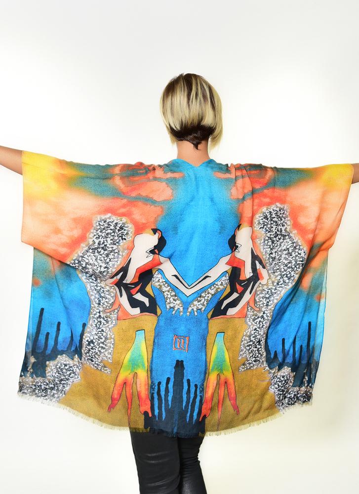 The Scream Kimono featuring a unique fire and water design, made from soft 100% Modal fabric, suitable for various styling options.