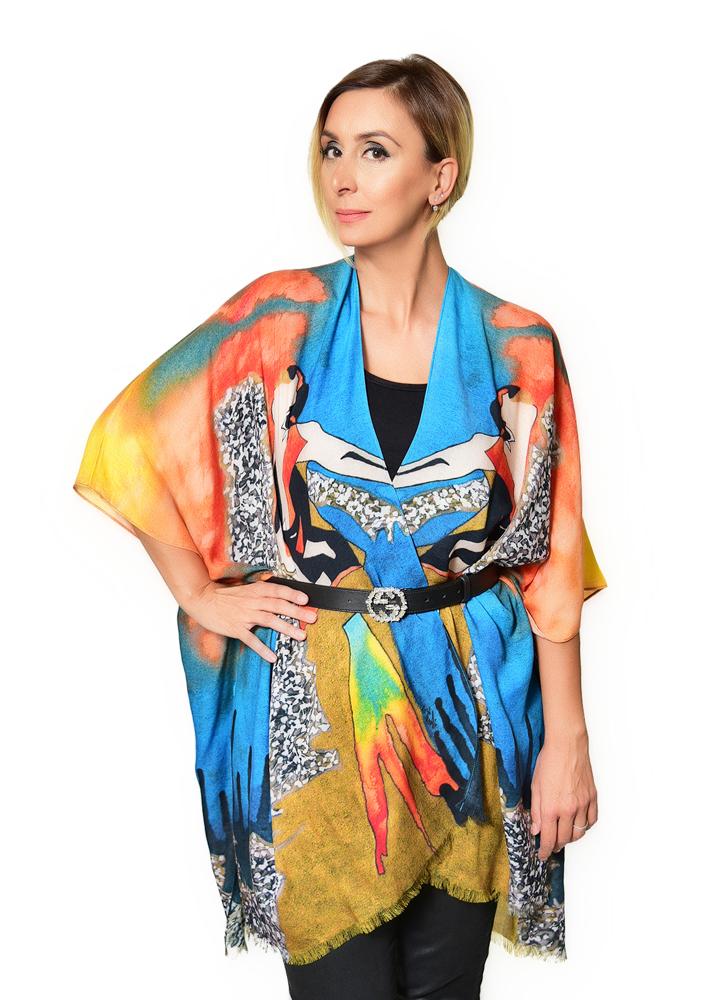 The Scream Kimono featuring a unique fire and water design, made from soft 100% Modal fabric, suitable for various styling options.