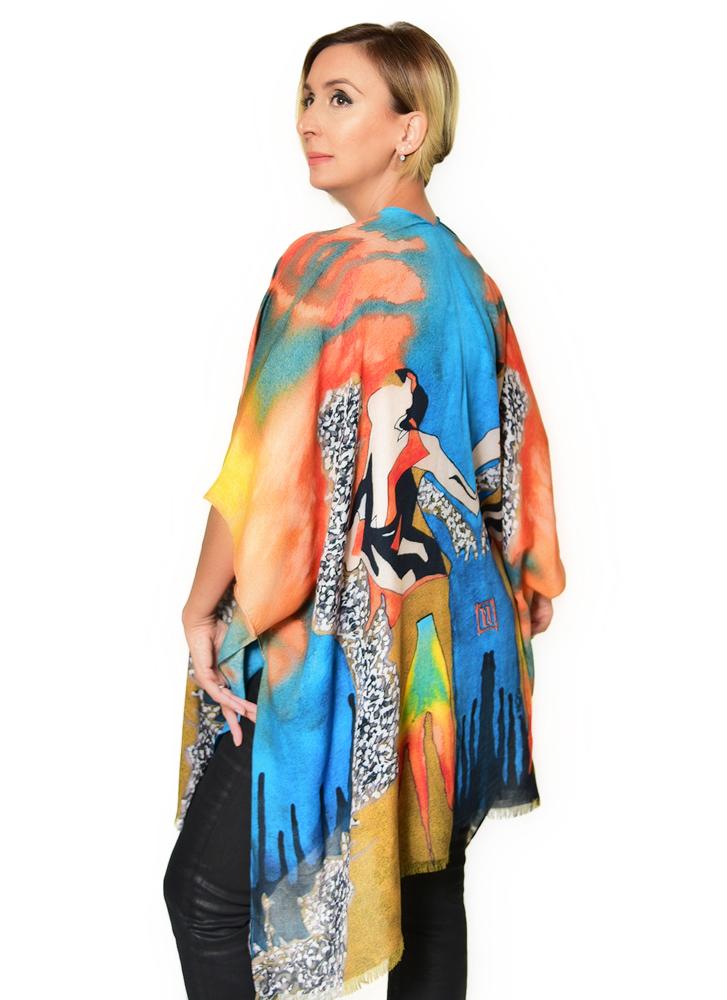 The Scream Kimono featuring a unique fire and water design, made from soft 100% Modal fabric, suitable for various styling options.