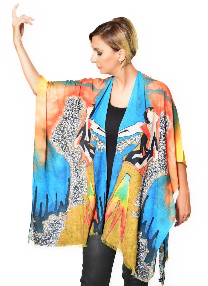 The Scream Kimono featuring a unique fire and water design, made from soft 100% Modal fabric, suitable for various styling options.