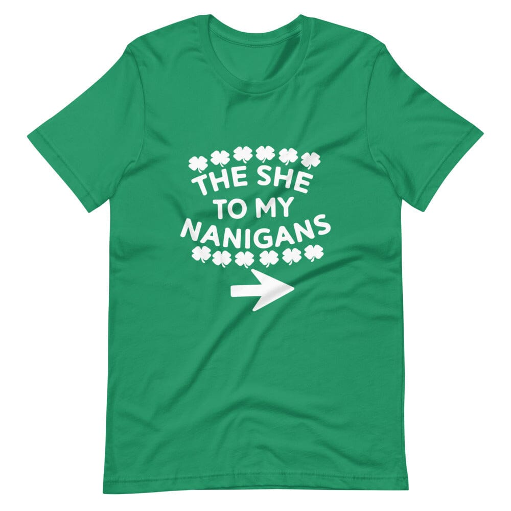 Couples wearing The She to My Nanigans St. Patty's Tee, showcasing festive spirit and love for St. Patrick's Day.