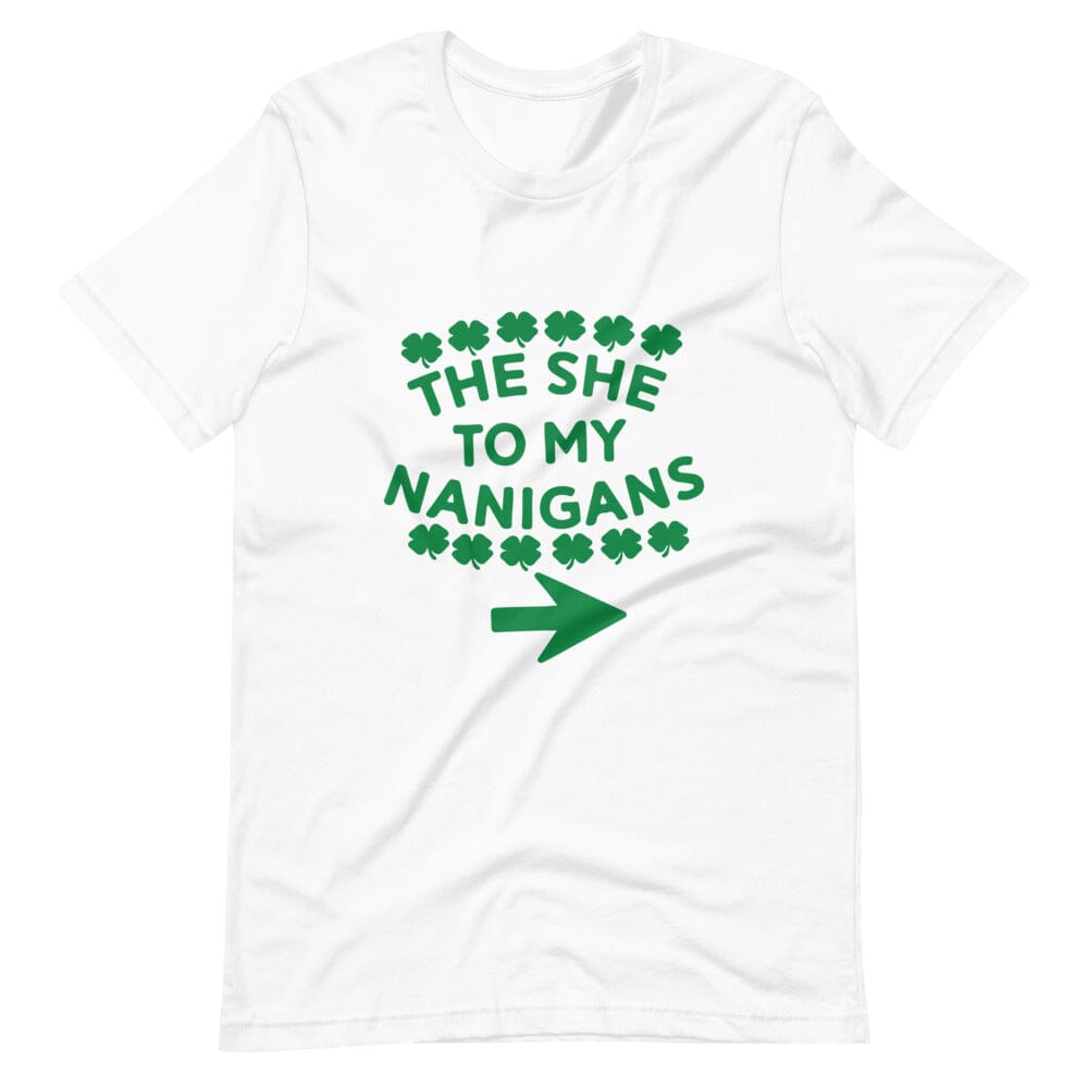 Couples wearing The She to My Nanigans St. Patty's Tee, showcasing festive spirit and love for St. Patrick's Day.