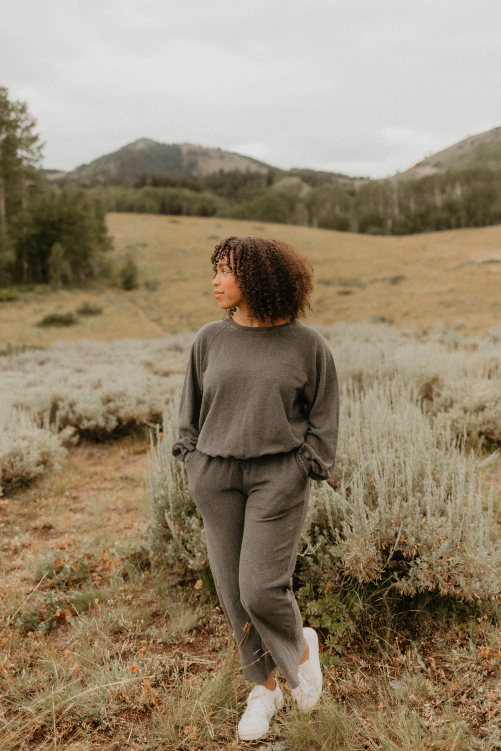 A pair of stylish Smile Pants in Vintage Black, featuring a drawstring waist and four pockets, perfect for all body types.