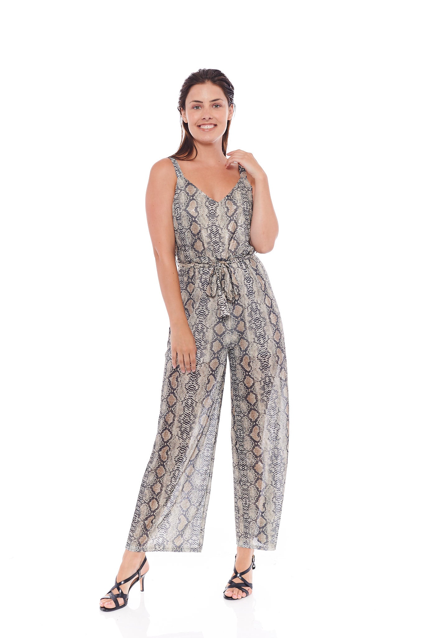 A stylish beige brown jumpsuit with a slouchy neck and sleeveless design, perfect for casual outings and comfortable wear.