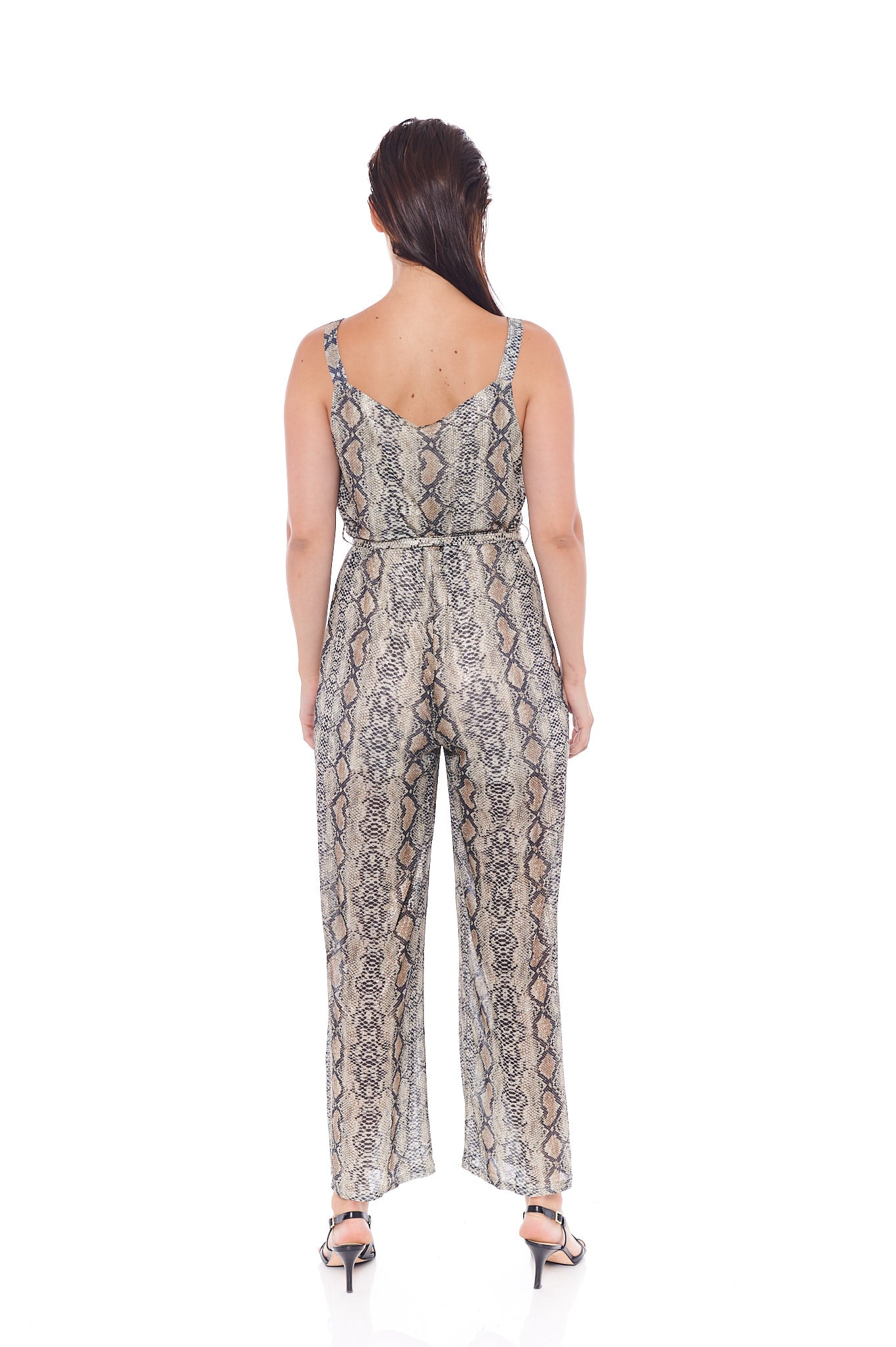 A stylish beige brown jumpsuit with a slouchy neck and sleeveless design, perfect for casual outings and comfortable wear.