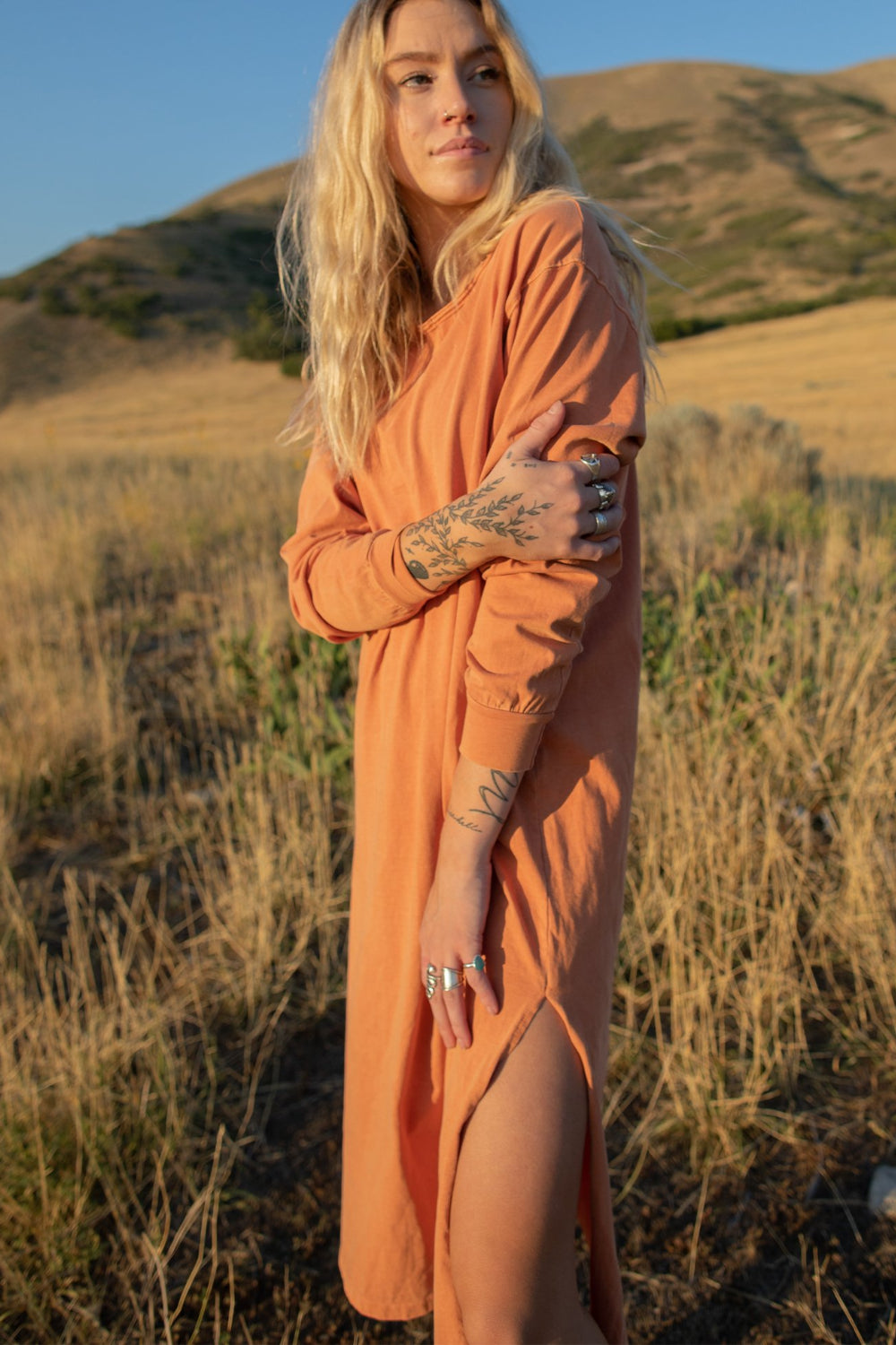 The Taylor Dress in four colors: Brown, Denim, Washed Black, and Peach, featuring long sleeves, a crew neck, and a slight hem slit.