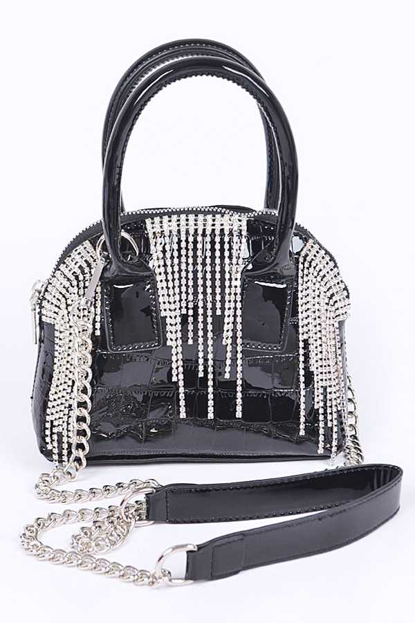 The Z ERA Bag featuring a stylish design with rhinestones and metal accents, measuring 8 inches wide, 6 inches high, and 2.5 inches deep.