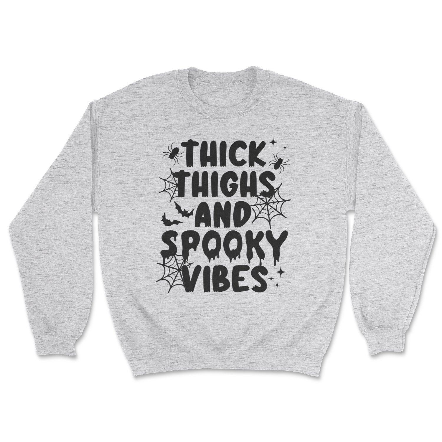 A cozy unisex sweatshirt featuring the phrase 'Thick Thighs & Spooky Vibes' in vibrant print, perfect for fall.