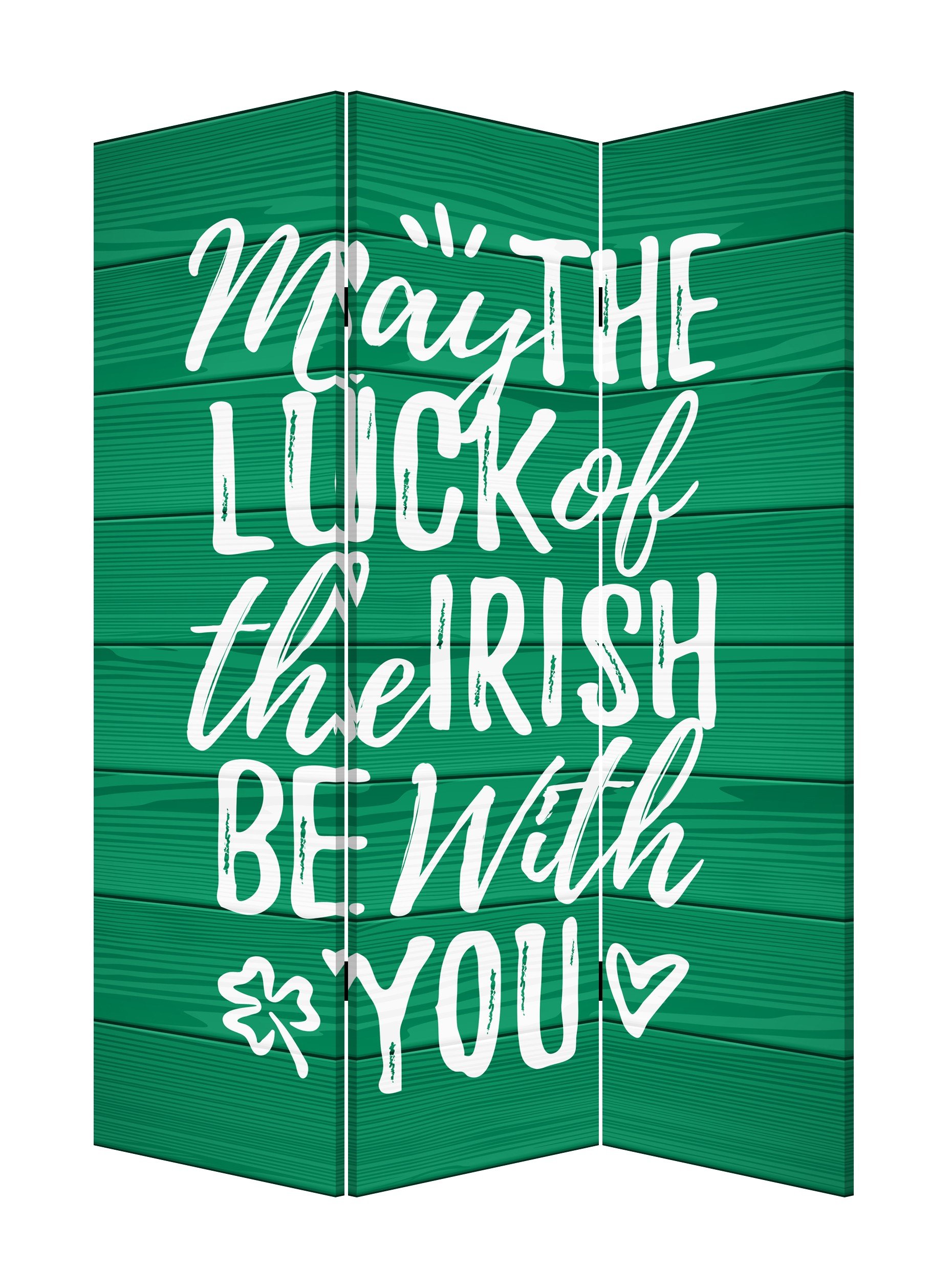 Three Panel Reversible Irish Art Room Divider Screen showcasing Irish typography and shamrocks on both sides.