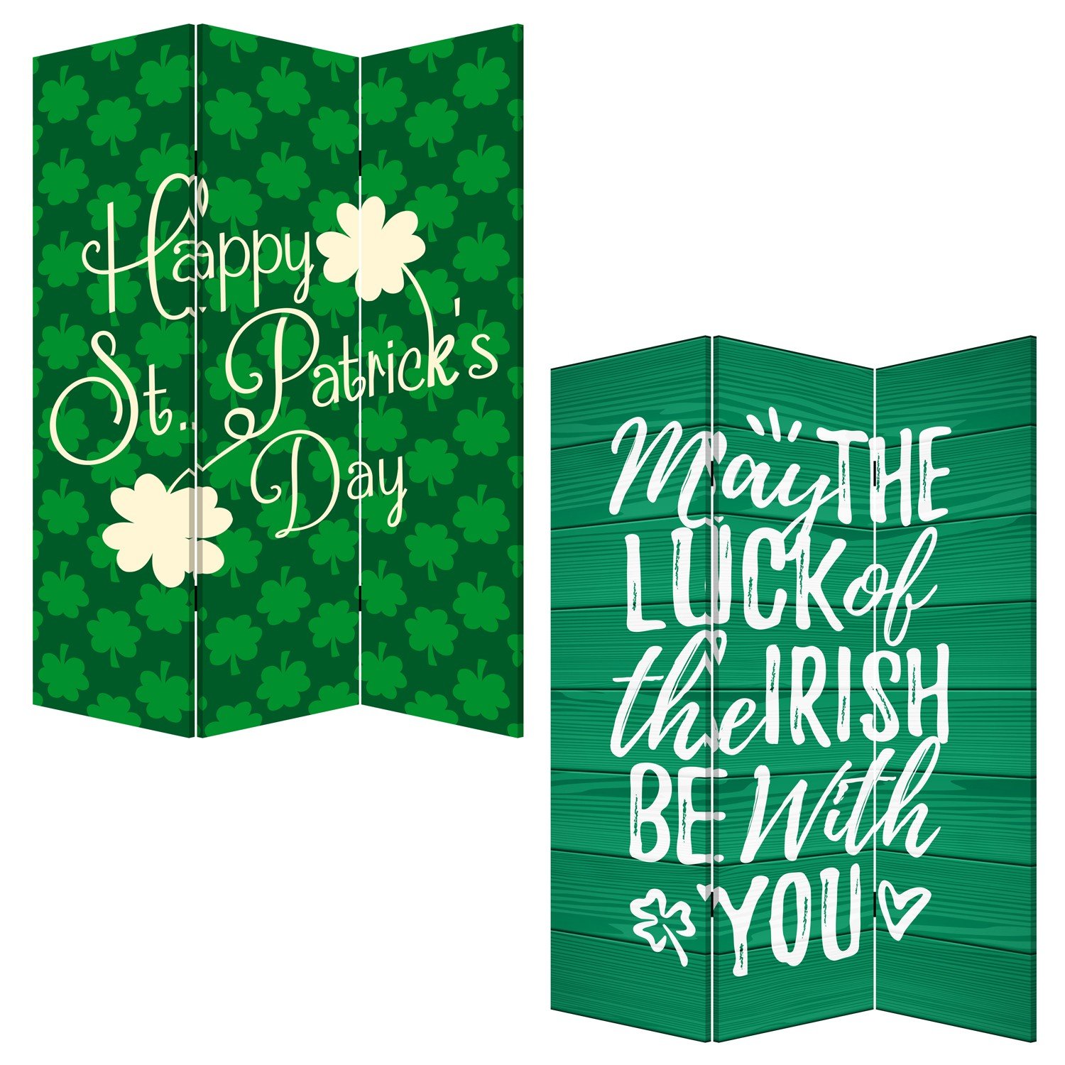 Three Panel Reversible Irish Art Room Divider Screen showcasing Irish typography and shamrocks on both sides.