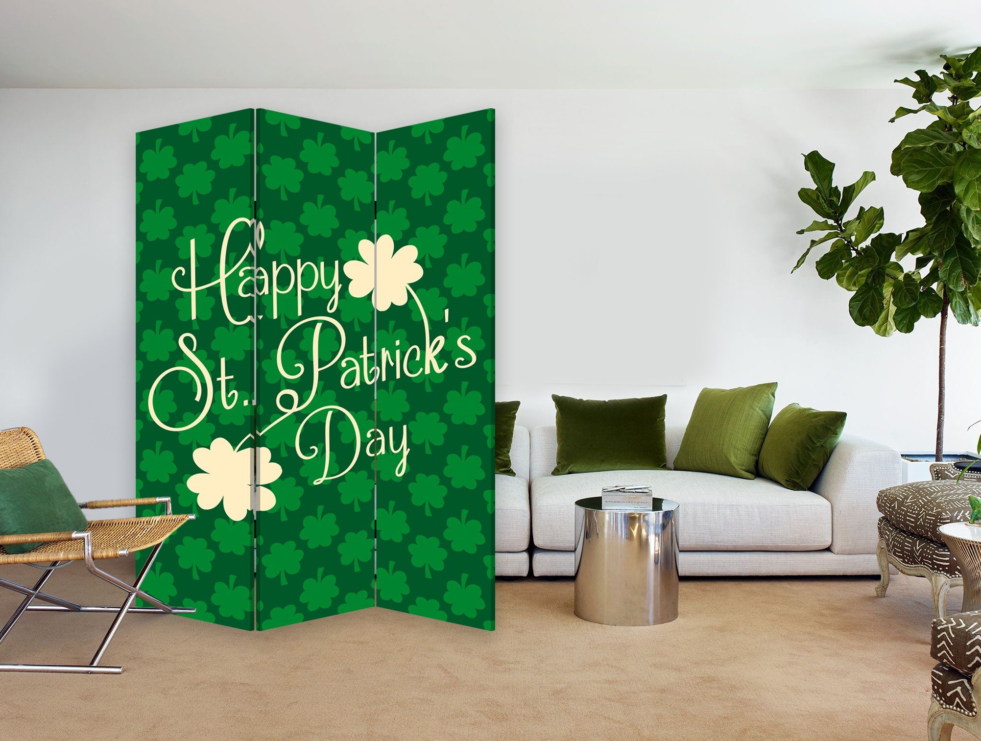 Three Panel Reversible Irish Art Room Divider Screen showcasing Irish typography and shamrocks on both sides.